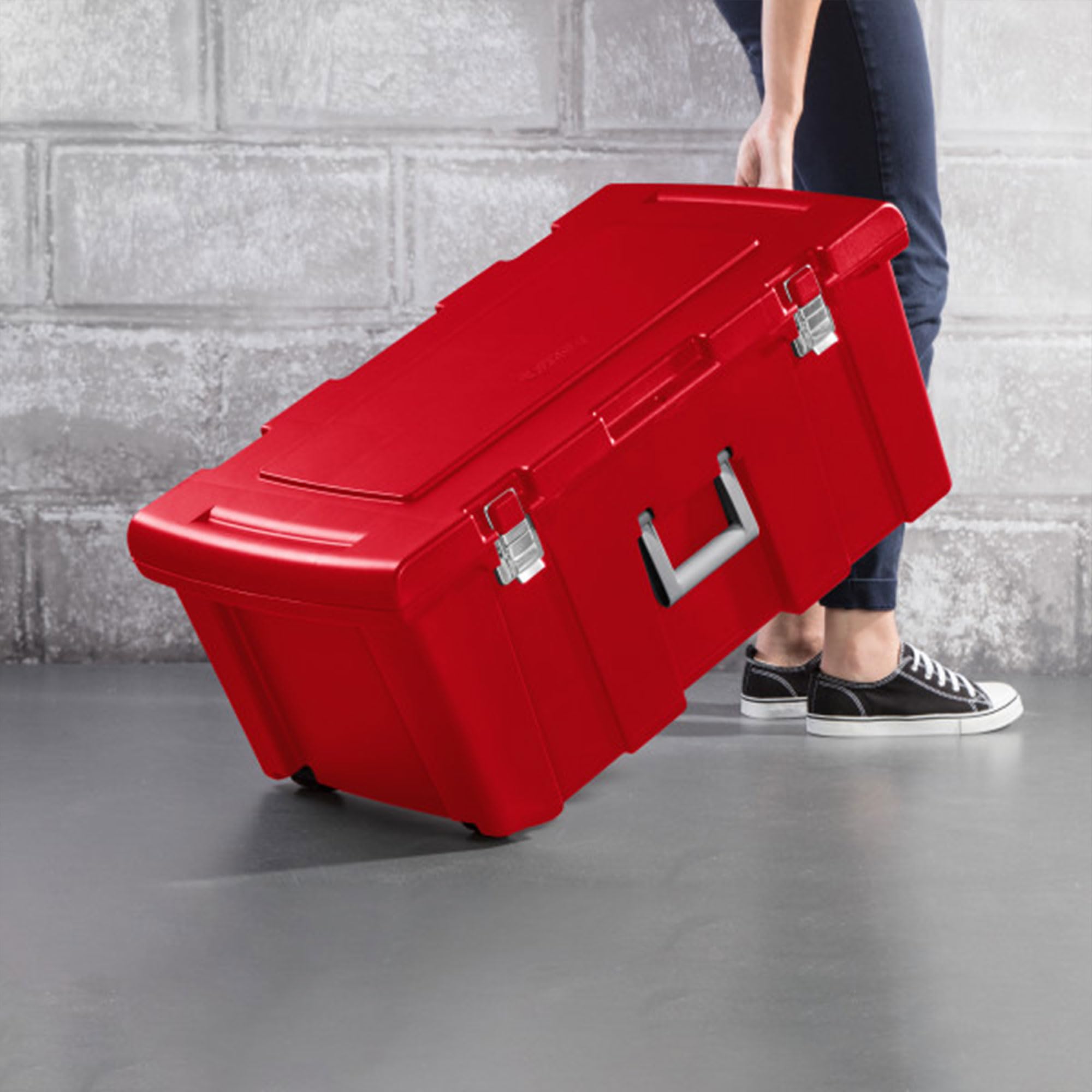 Sterilite 23 Gallon Lockable Storage Tote Footlocker Toolbox Container Box W/Wheels, Handles, Metal Hinges, & Latches, Infra Red