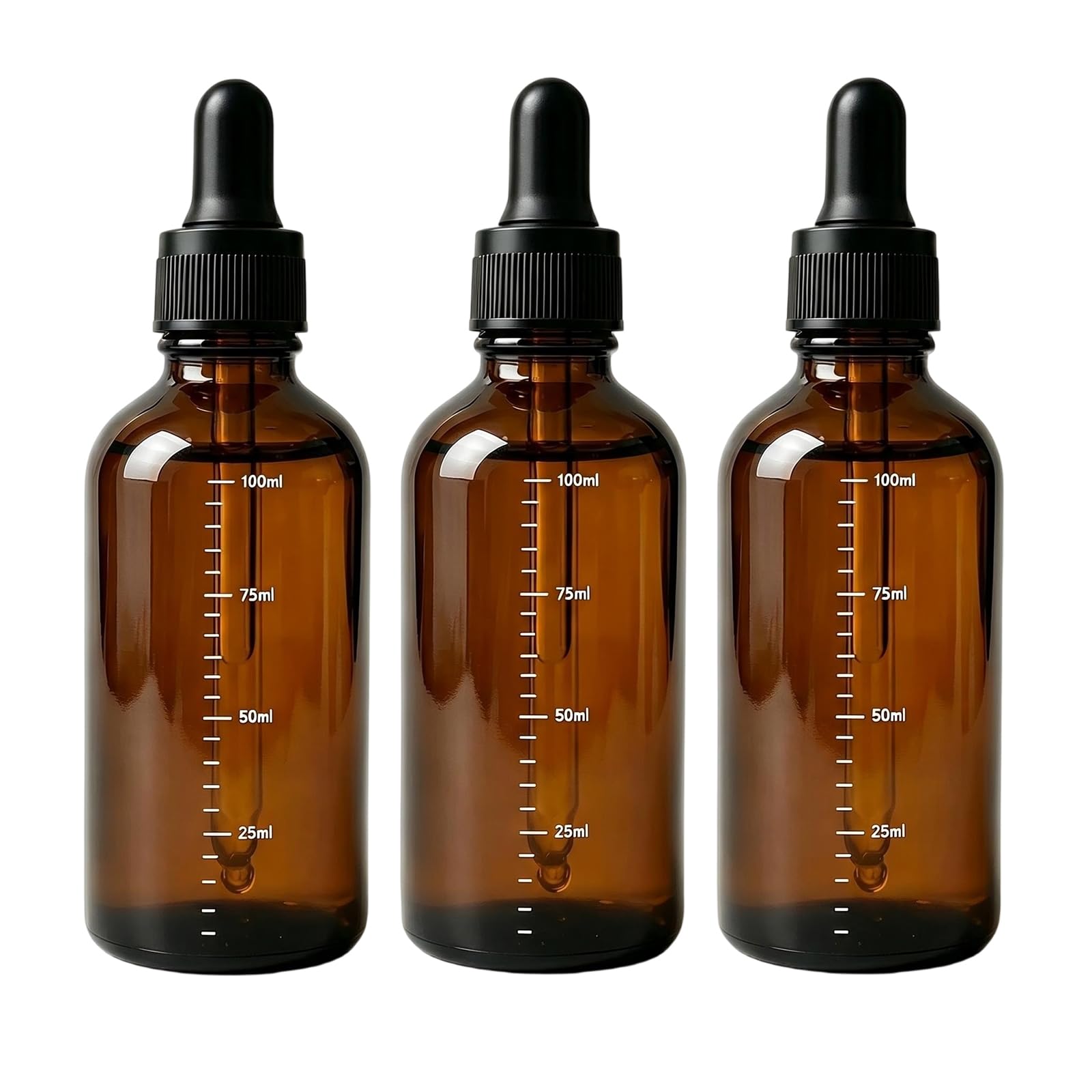 OHEETU 3 Pcs 100ML Empty Amber Glass Graduated Scale Dropper Bottles with Pipette Droppers and Black Rubber Heads Refillable Per