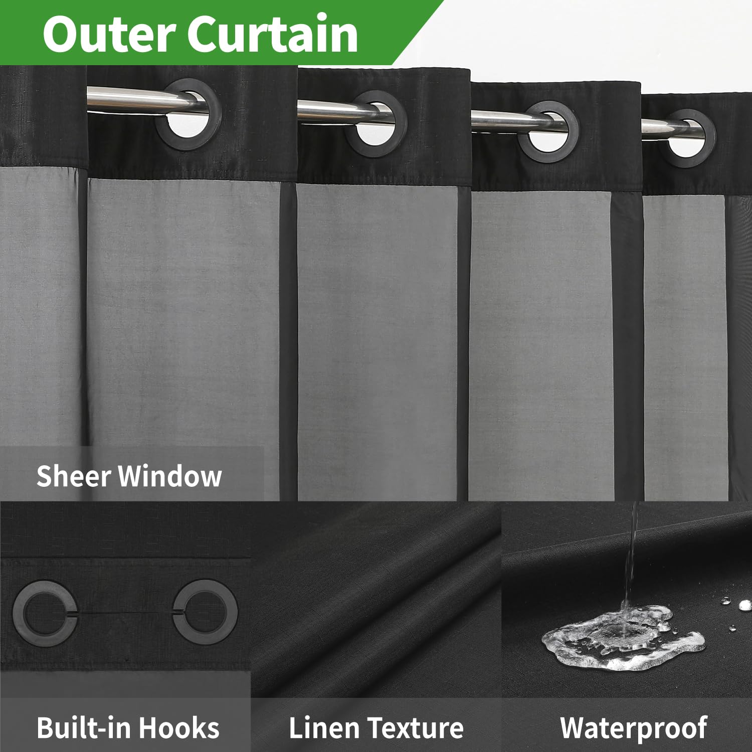 Eachope Extra Long No Hooks Needed Linen Textured Shower Curtain With Snap-In Fabric Liner Set,Black Hotel Luxury Decor Shower C