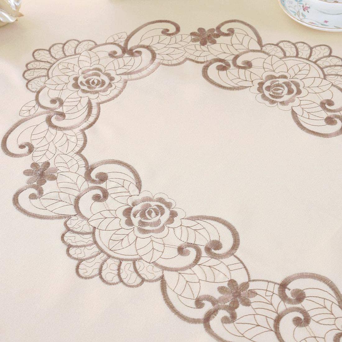 Lelehome 86'' Round Brown Flowers Embroidered Classic Lace Tablecloth, Vintage Beige Large Table Cloth Cover For Round Kitchen D