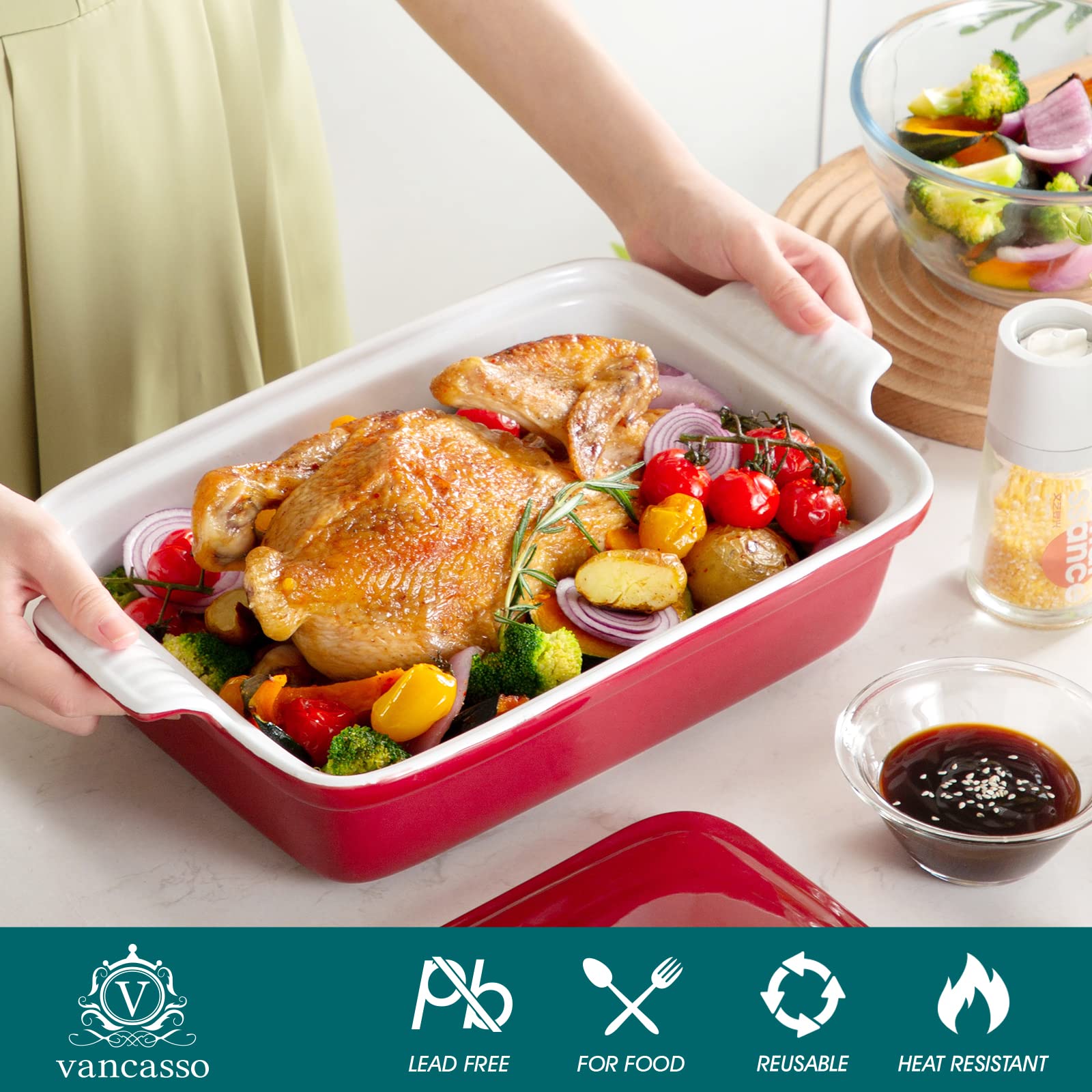 Vancasso Blossom Casserole Dish, 13X9 Baking Dish, 3.8 Quart Casserole Dish Set Lasagna Pan Deep With Lid Oven Safe, Red