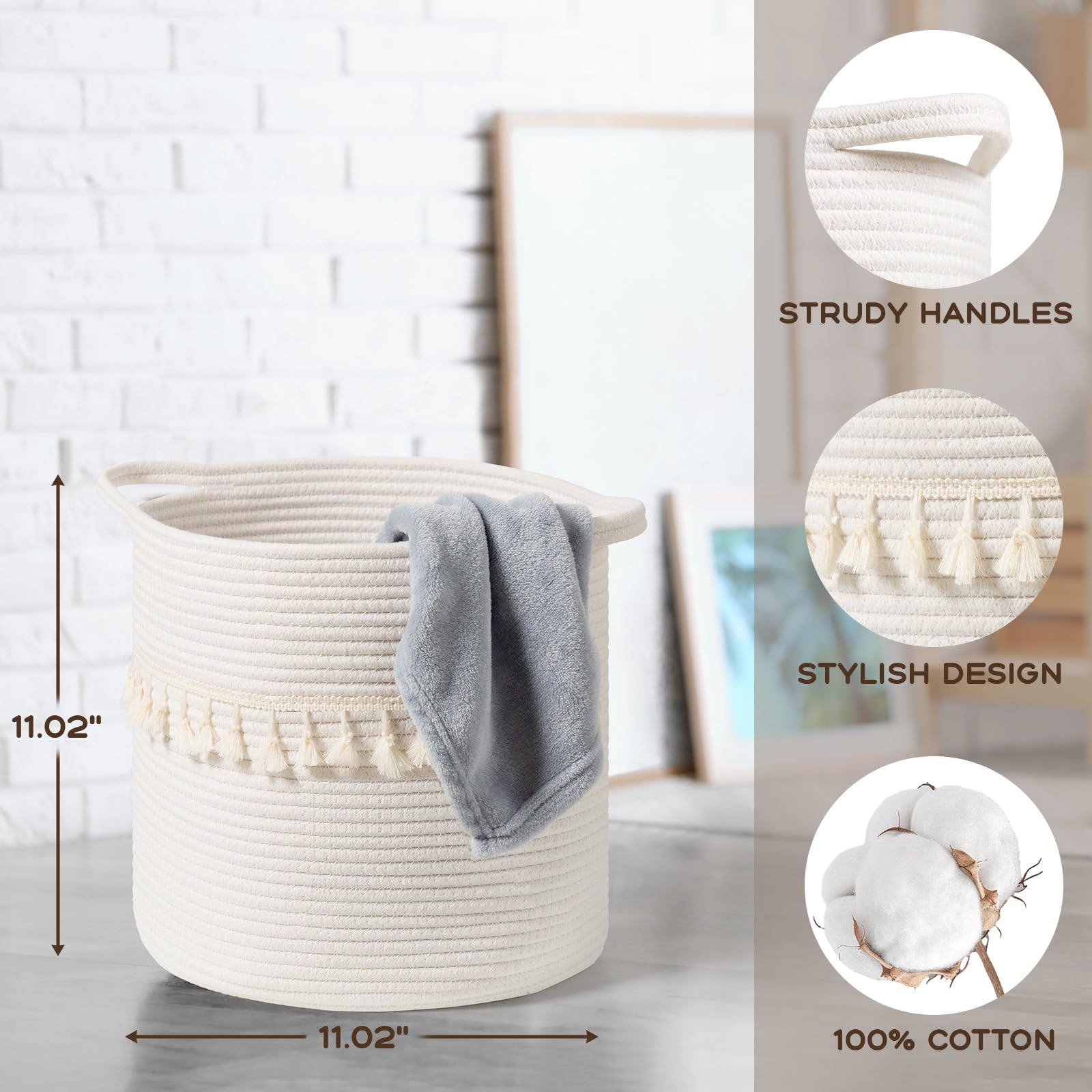 Danpinera 3 Pack White Storage Baskets, 11''X11'' Soft Woven Baskets For Storage And Decor In Bedroom, Bathroom, Closet, Small R