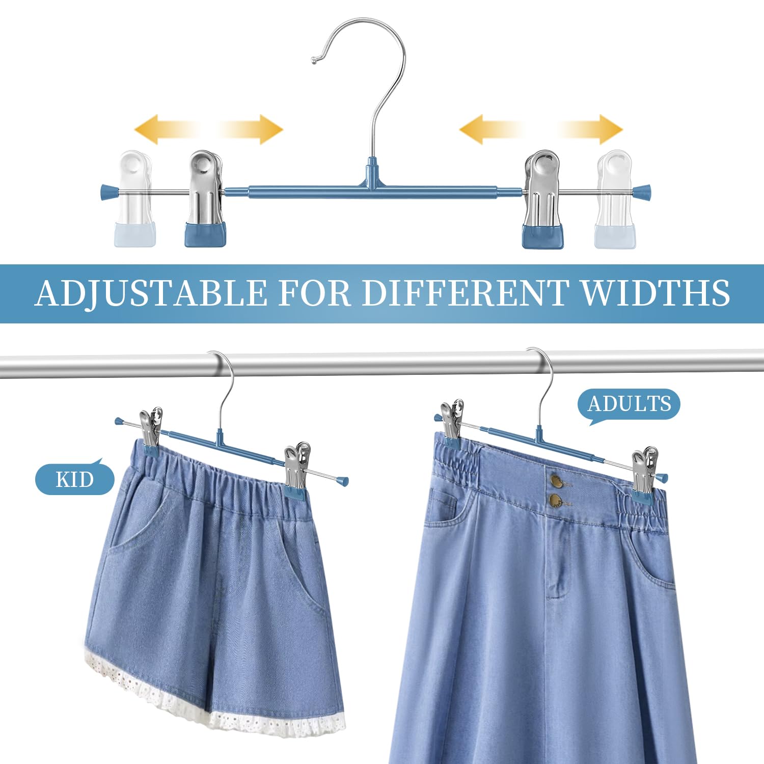 Hwajan 14Inch Blue Pants Hangers With Clips 20 Pack Adjustable Skirt Hangers For Women Non-Slip Trousers Hanger For Jeans Clothe