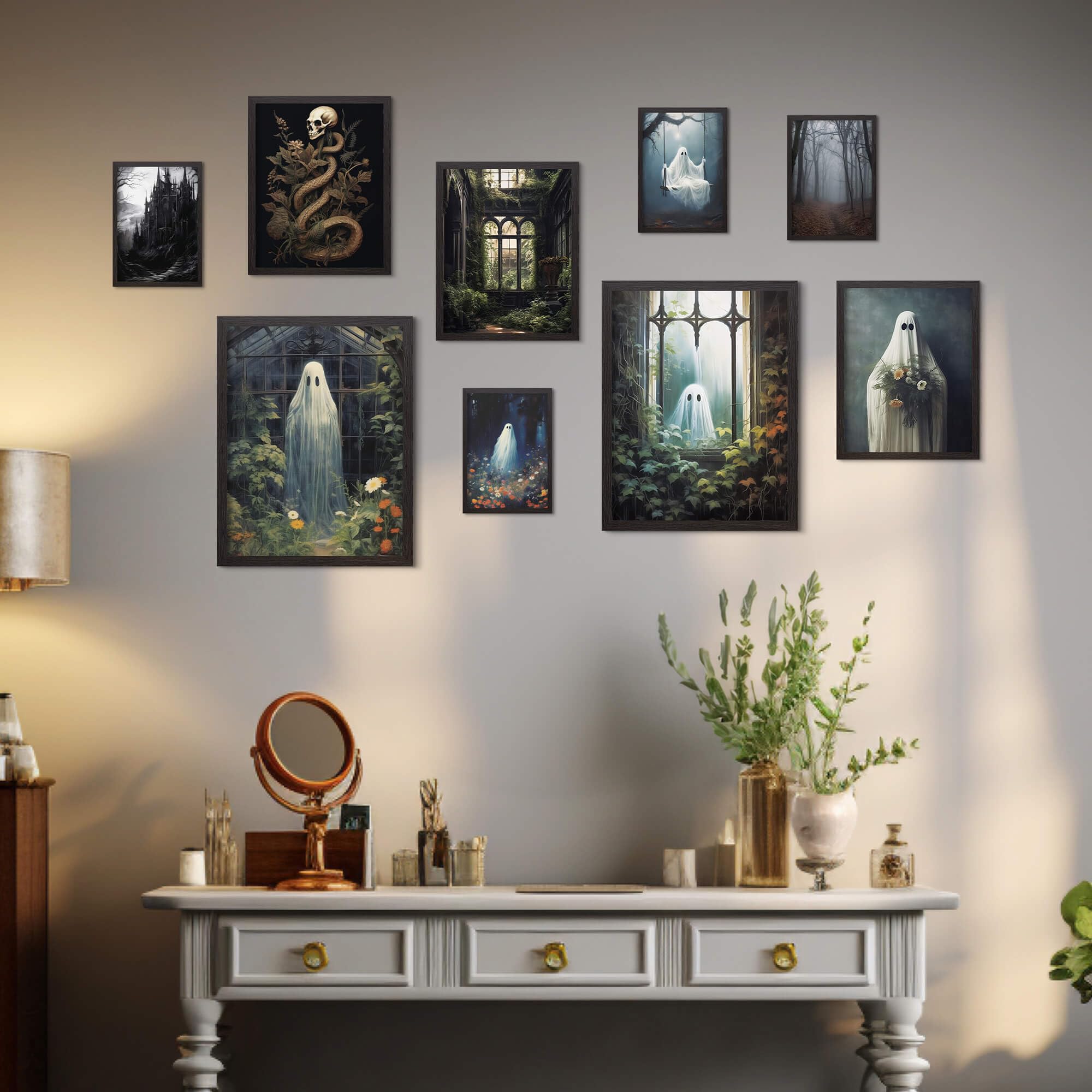 Putuo Decor Ghost Decor, 9Pcs Funny Ghost Prints Wall Art, Retro Floral Ghost Canvas Wall Decor, Dark Academia Room Decor, Creep