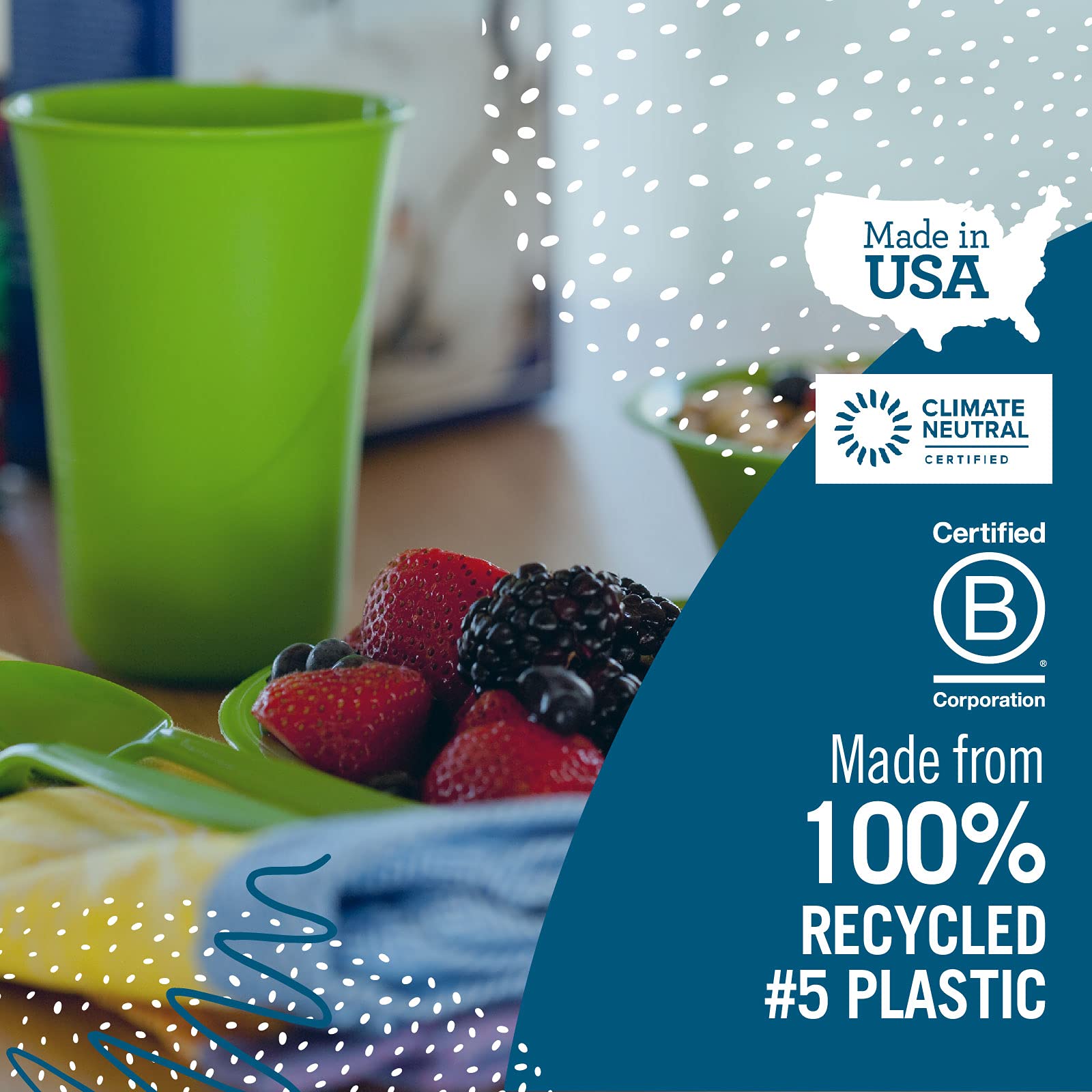 Preserve Reusable Bpa Free Everyday Tableware Set Made From Recycled Plastic: 4 Plates, 4 Bowls, 4 Cups, Midnight Blue