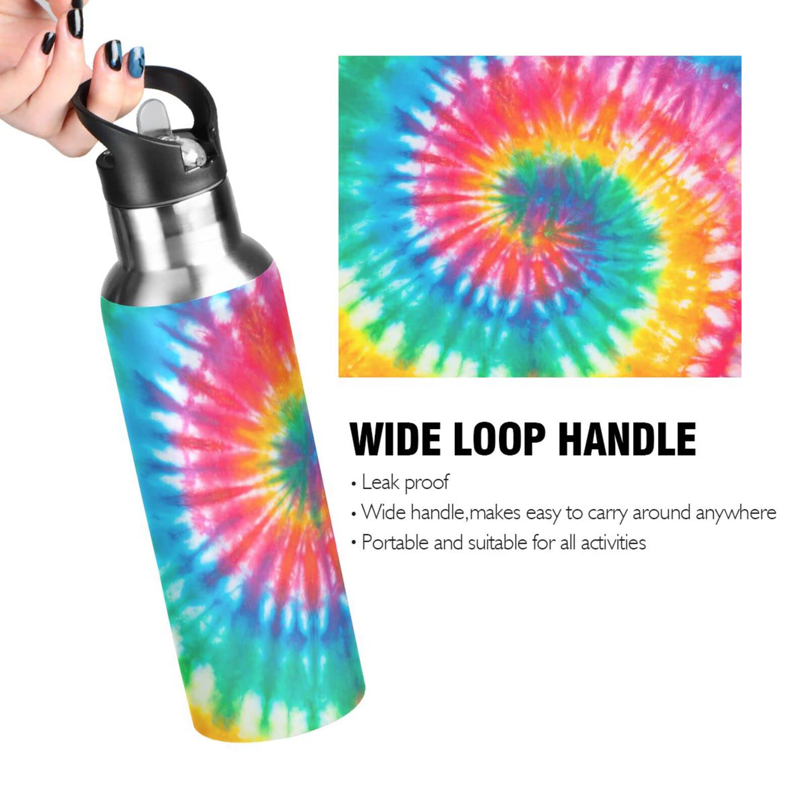 Tie Dye Rainbow Water Bottle Girls Insulated Thermos Kids Women Stainless Steel Hot Cold Water Flask Jug Straw Lid For Sports Gy