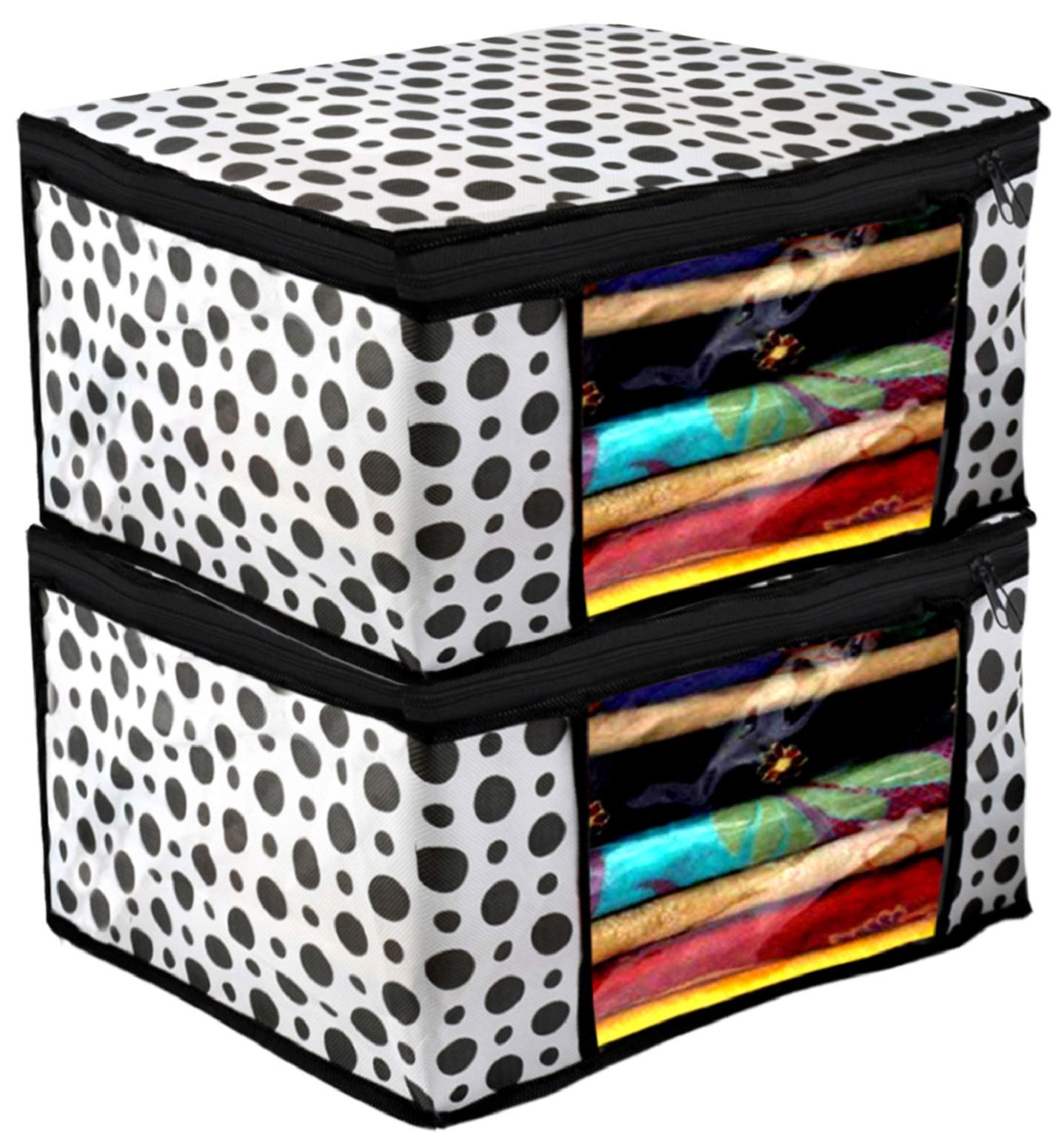 Kuber Industries Polka Dots Design 2 Piece Non Woven Fabric Saree Cover/Clothes Organiser For Wardrobe Set With Transparent Wind