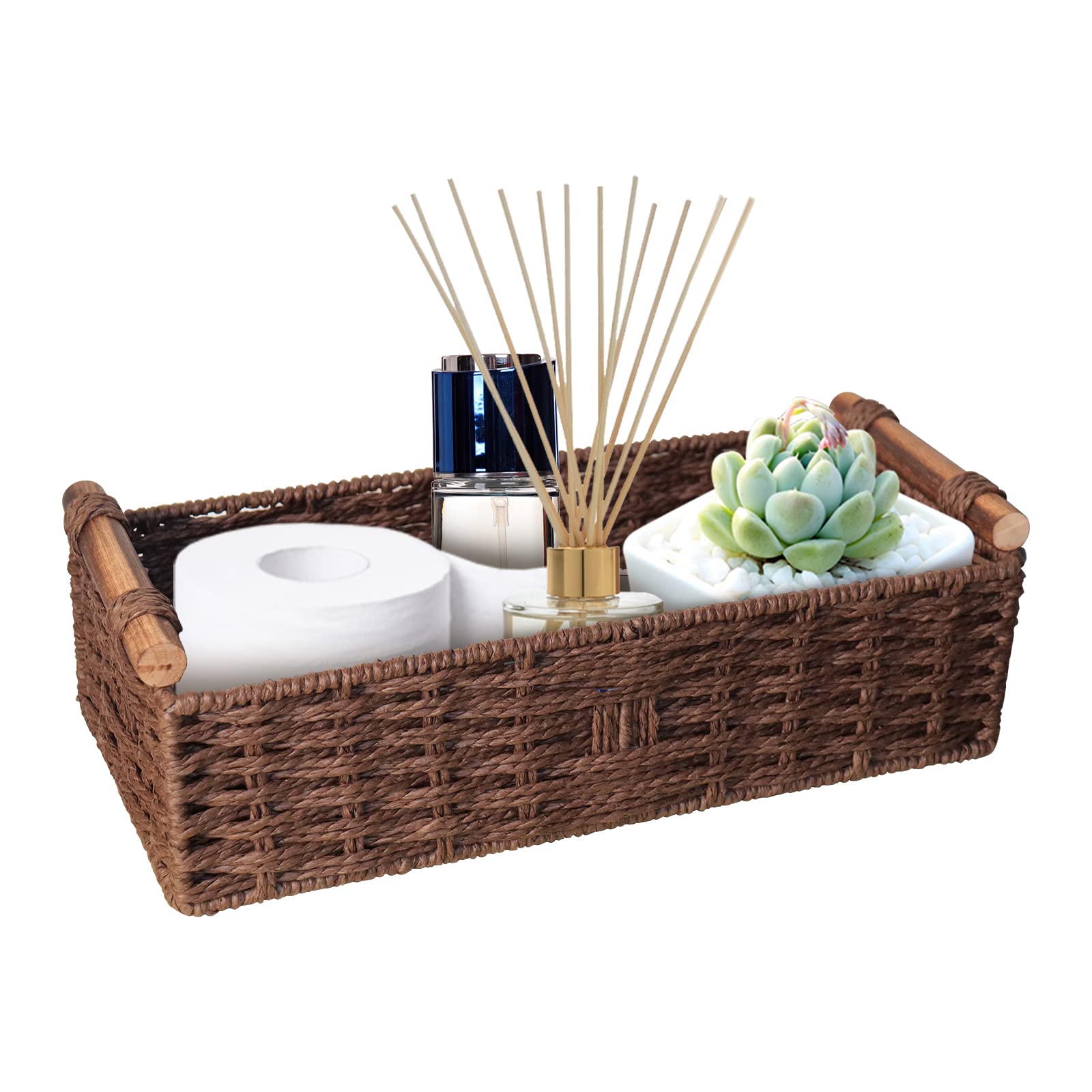 Round Paper Rope Storage Basket Wicker For Organizing With Handle, Decorative Bins Countertop Toilet Paper For Tank Top Small Se
