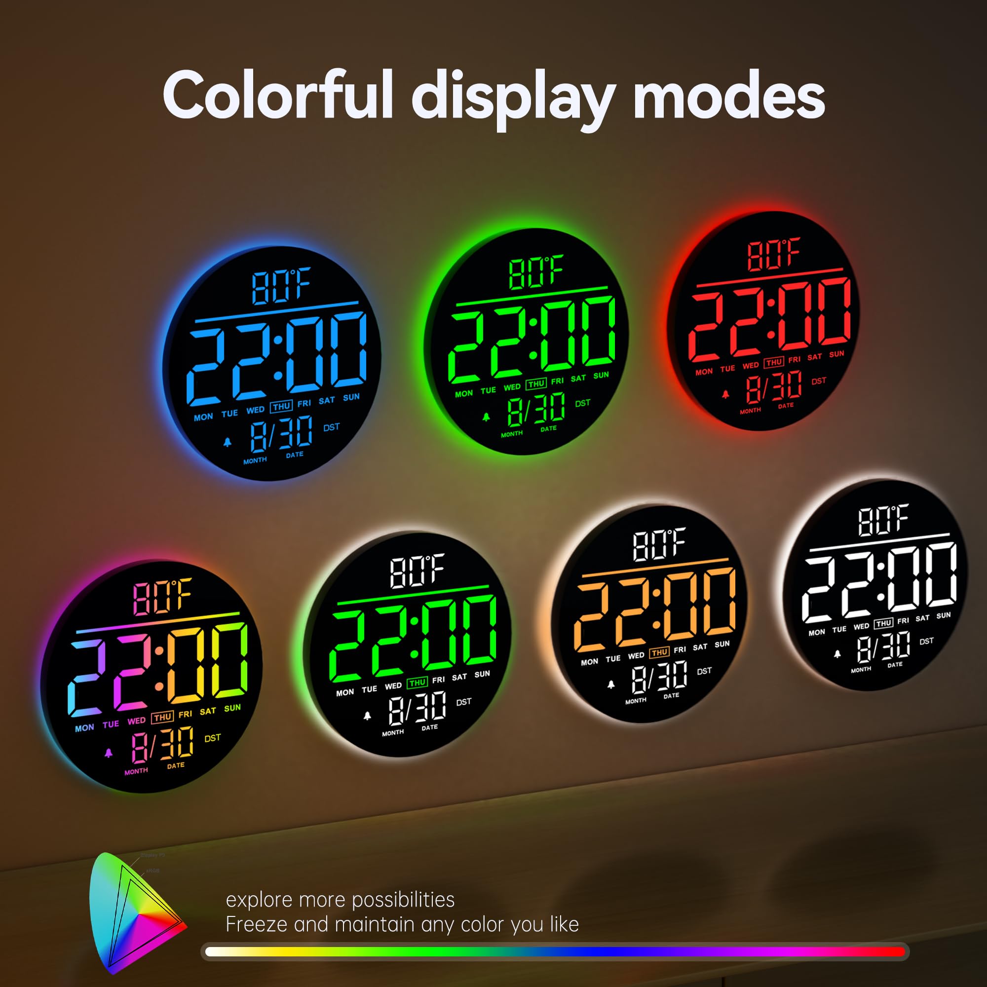 JALL 10 Large Digital Wall Clock with Seconds, Alarm Countdown Timer, Big LED Display, RGB Color, DST, Temperature, Mounted for