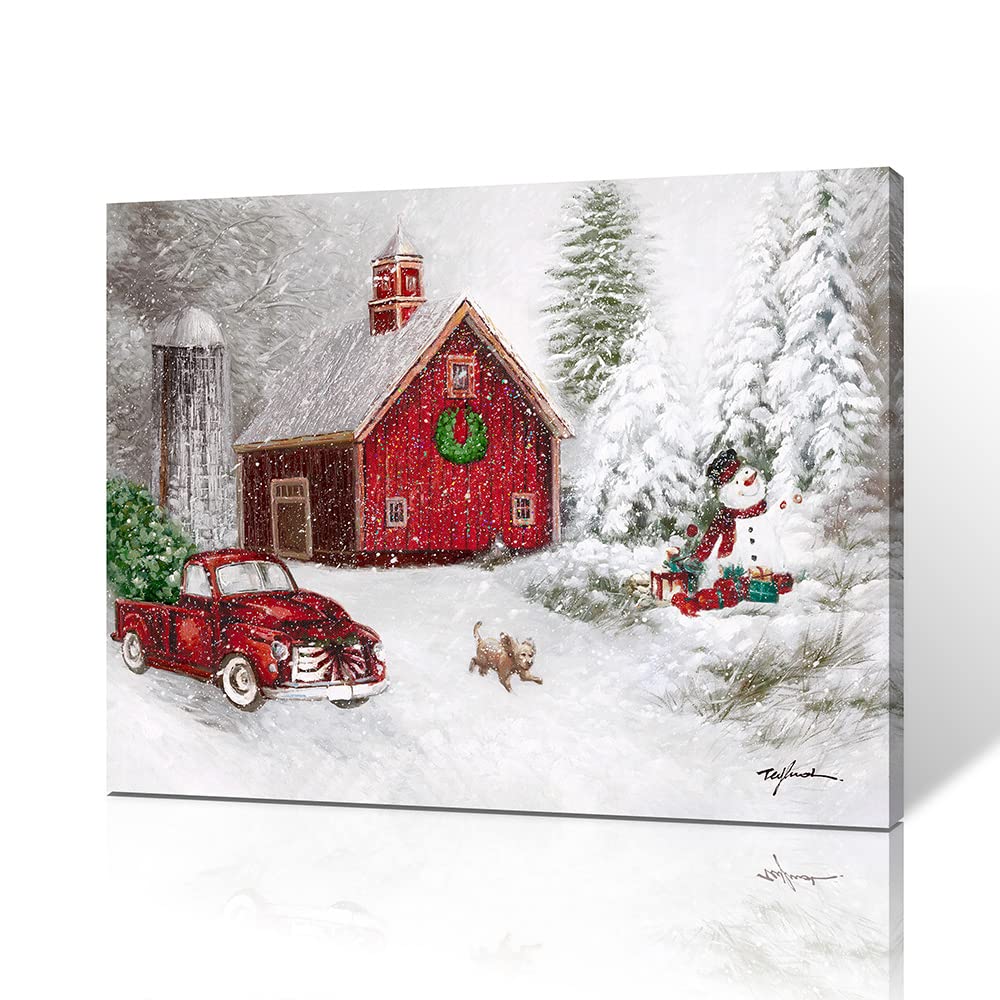 Kunstorner Christmas Wall Decor Red Truck Snowmen House Canvas Print Painting Wall Art Christmas Home D  Cor For Bathroom Bedroo