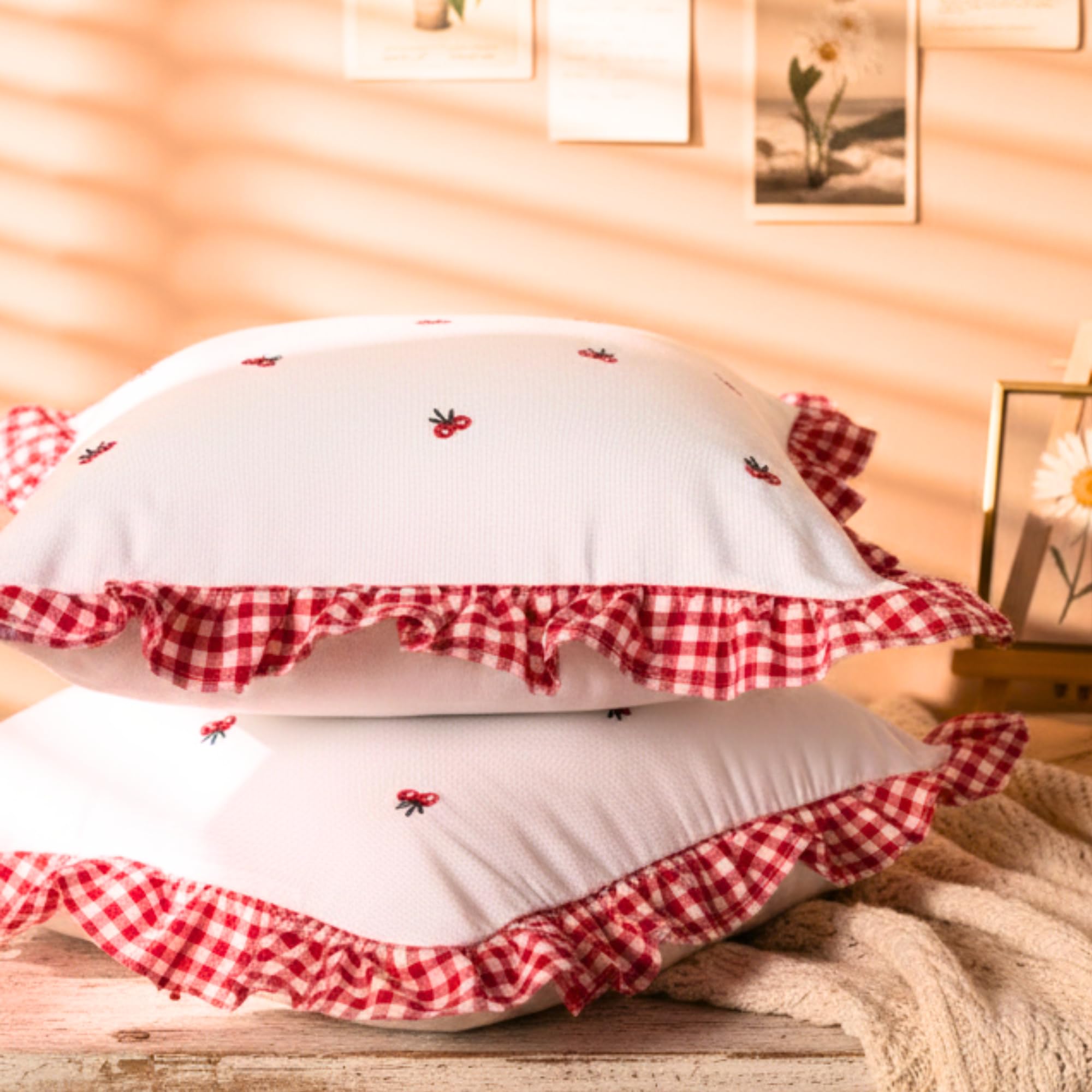Sleepy Threads Cotton Cushion Cover Red & White | Set Of 3 | Square Floral Embroidered With Ruffle Frill Edging Throw For Sofa,L