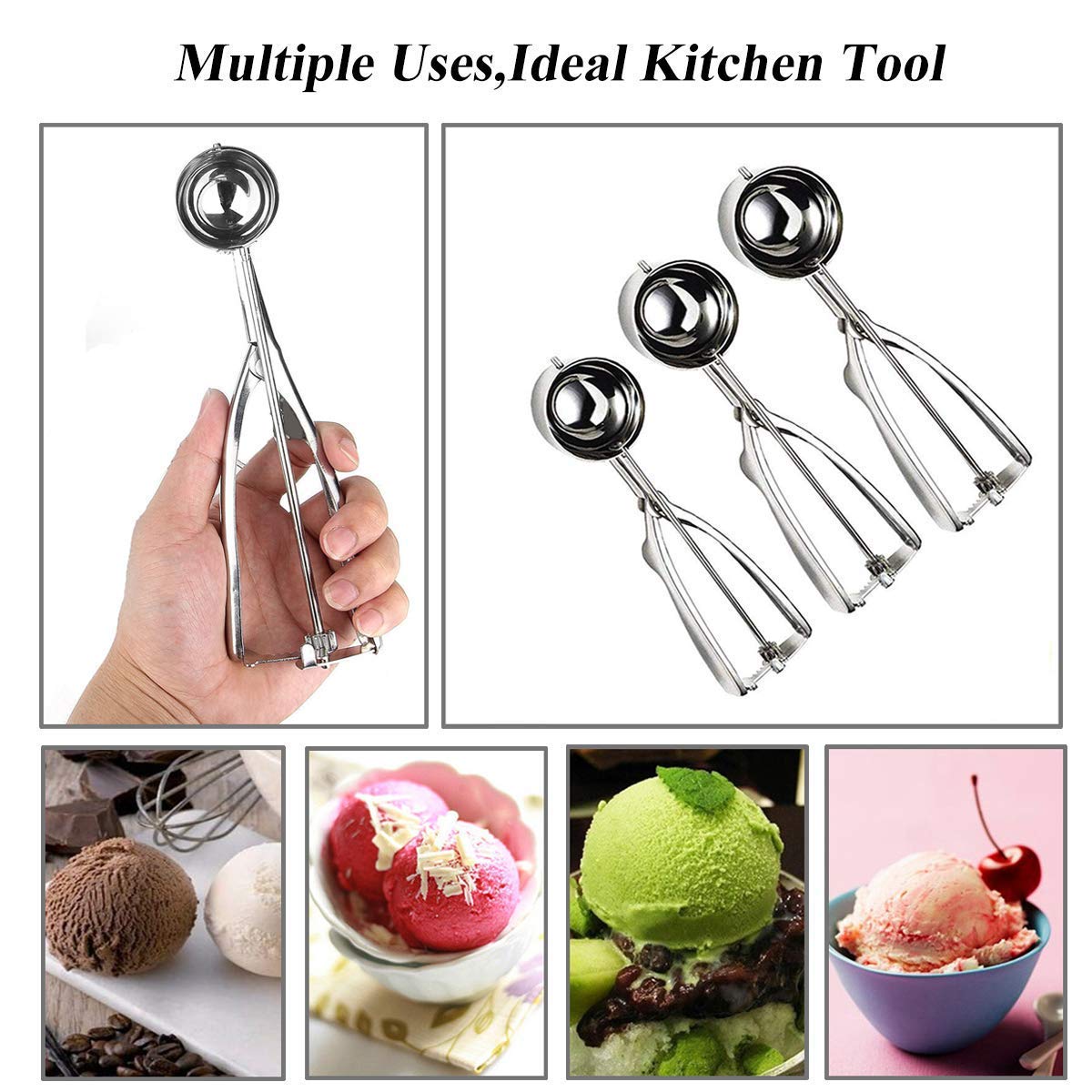 Emoly Ice Cream Scoop Set, Steel Ice Cream Scoop, Cookie Dough Metal Cupcake Spoons Include Large-Medium-Small Sizes Balls For I