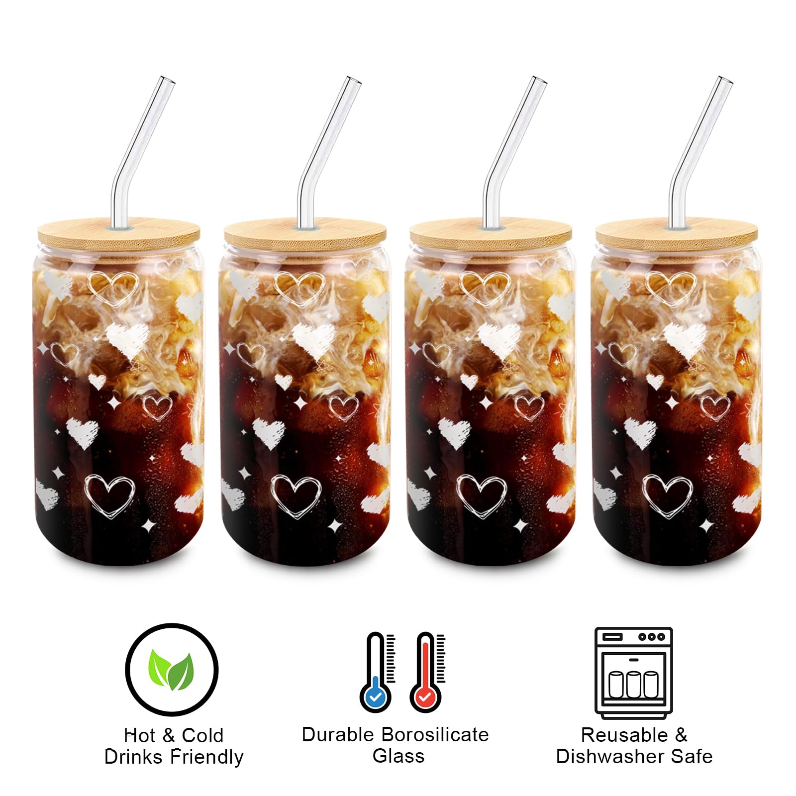 DAMCONME Glass Cups with Lids and Straws - 4 Pack 16oz Heart Tumblers for Cold Drinks, Iced Coffee, Tea, Juice - Sharing Drinkwa