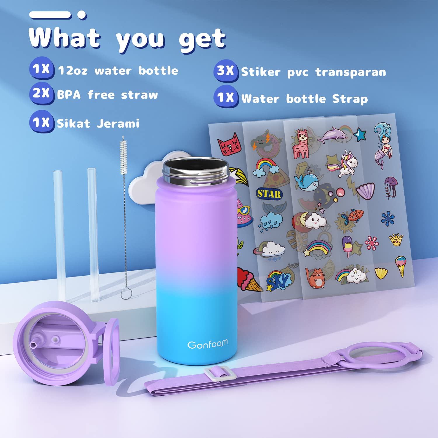 Kids Water Bottle, 12oz Water Bottles with Straw and Stickers, Stainless Steel Vacuum Double Wall Insulated cup for School, Gift