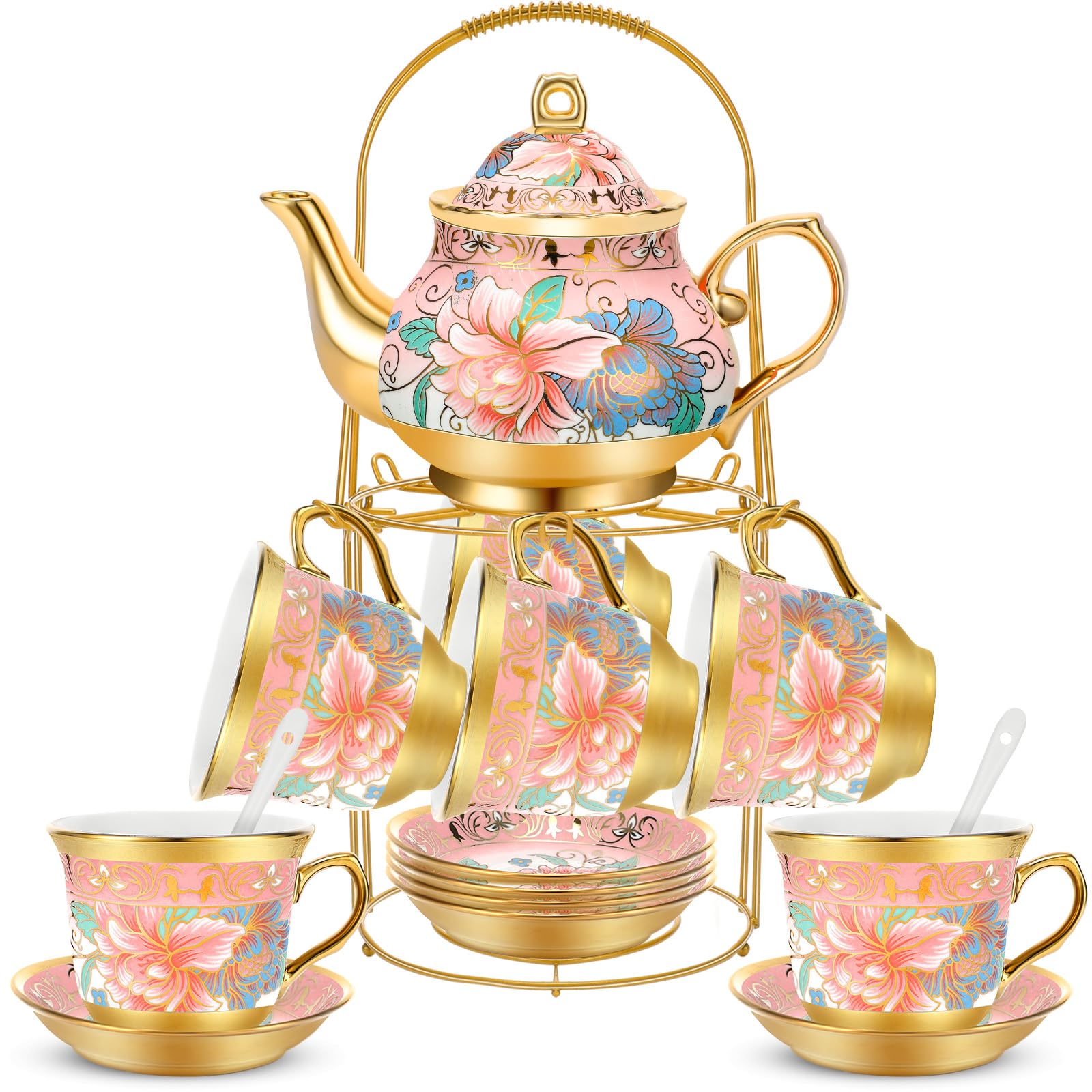 Gandeer 20 Pcs Porcelain Tea Set for Adults with Metal Holder and Spoon European Ceramic Tea Party Set Flower Painting Teapot Cu