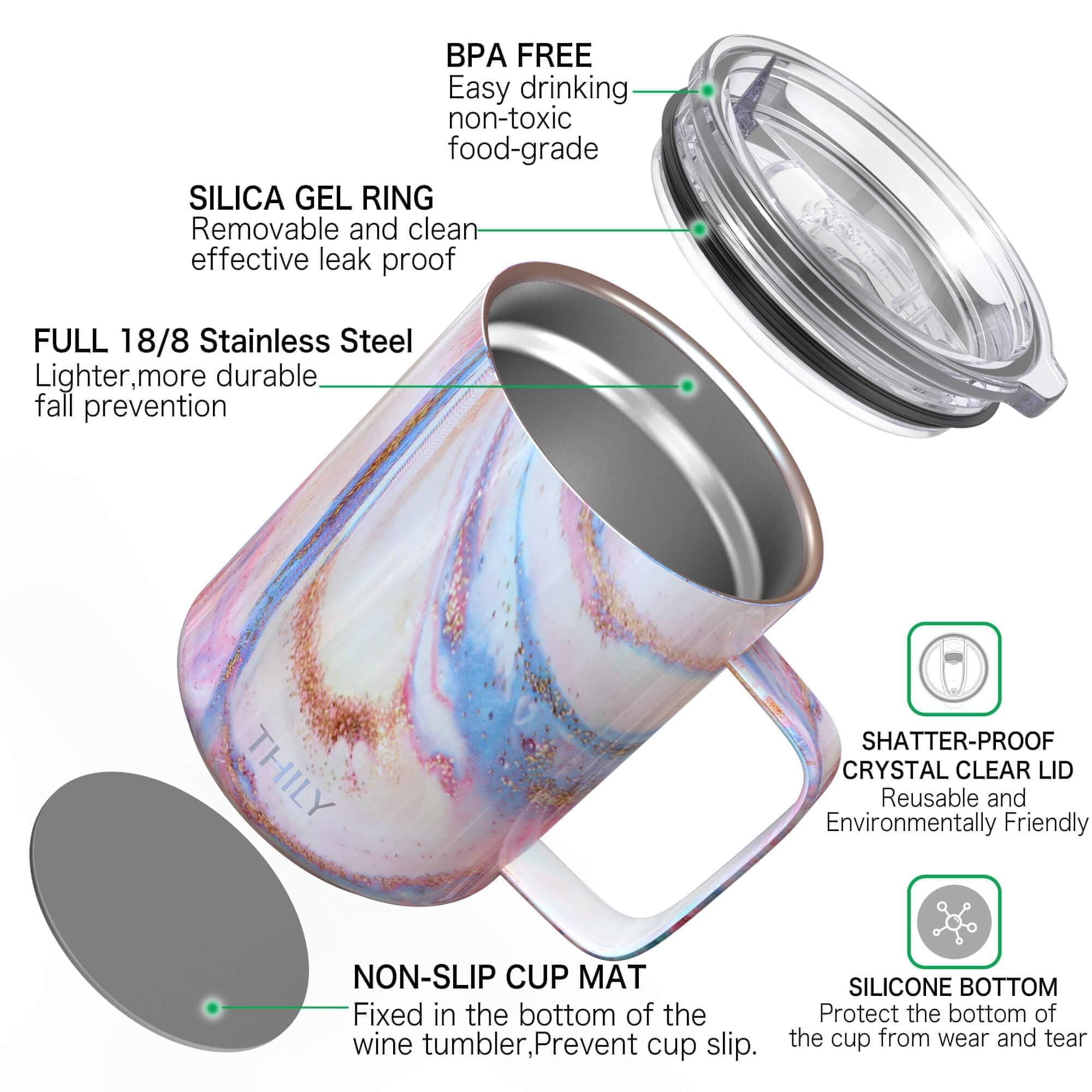 Thily Stainless Steel Insulated Coffee Mug 12 Oz Vacuum Insulated Coffee Cup With Handle, Spill-Proof Lid, Keep Coffee Cold, Pin