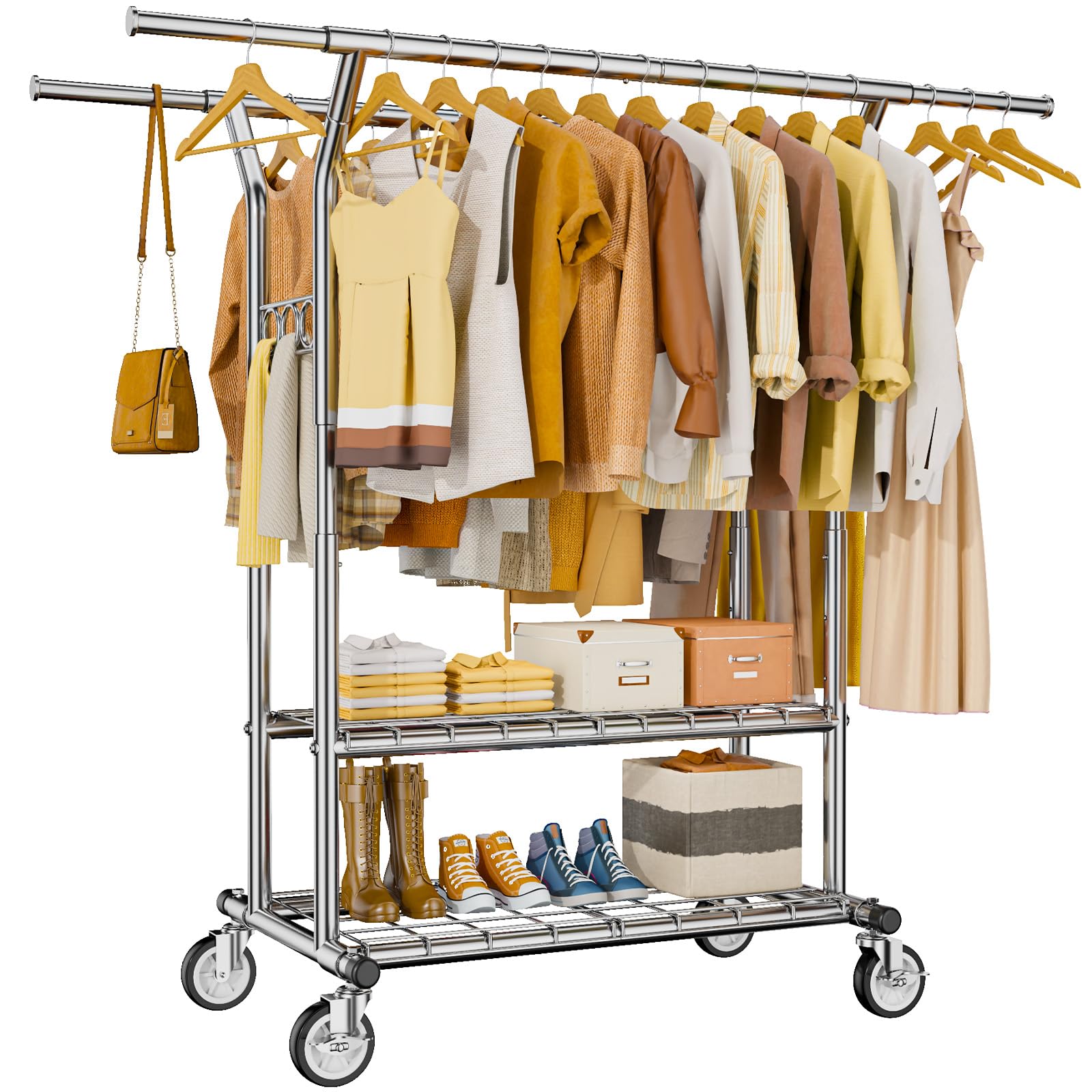 Hyseyy Heavy Duty Clothes Rack, Rolling Clothing Rack With Shelves Load 620 Lbs, Double Rod Clothing Racks For Hanging Clothes,