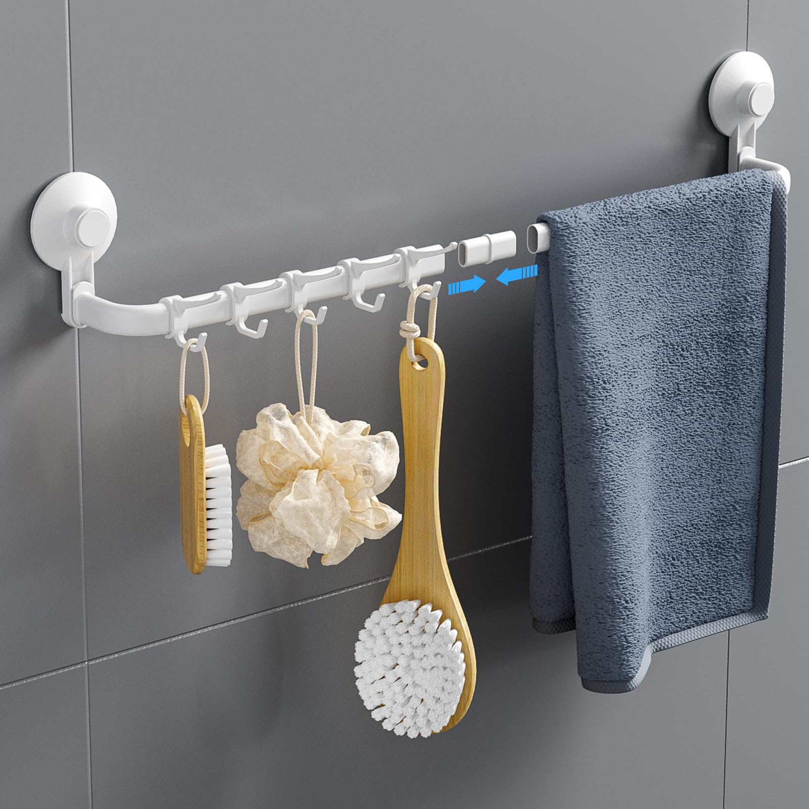 Avolare Suction Cup Towel Bar, Adjustable 24 Inches Adhesive Towel Holder For Bathroom, No Drill Wall Mounted Towel Rack With 5