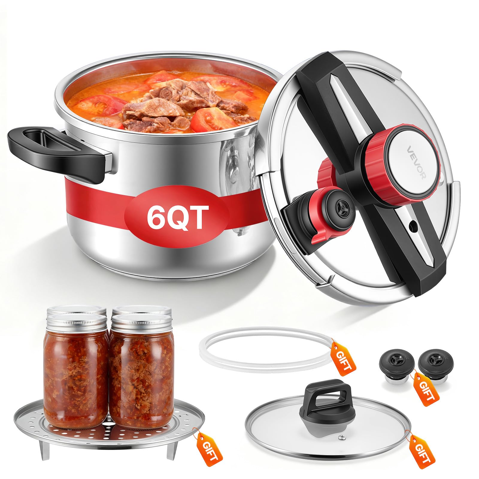 VEVOR Pressure Cooker, 6.3Qt Pressure Cooker Stainless Steel, Pressures Canner with Steaming Rack, Tempered Glass Lid, Three Pre