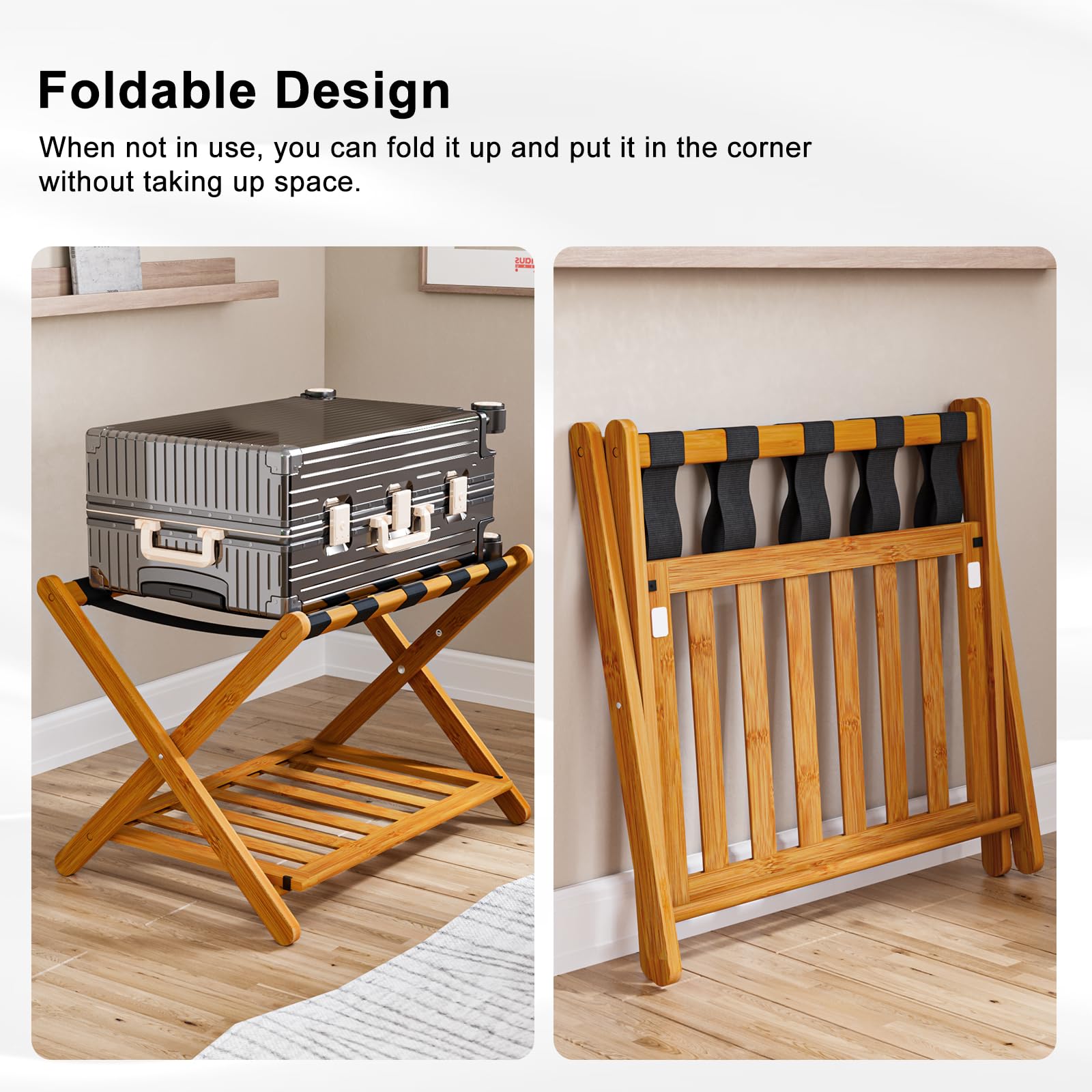 Smuxee Fully Assembled Honey Luggage Rack, Upgraded Bamboo Foldable Suitcase Stand With 5 Nylon Straps, Luggage Holder With Shel