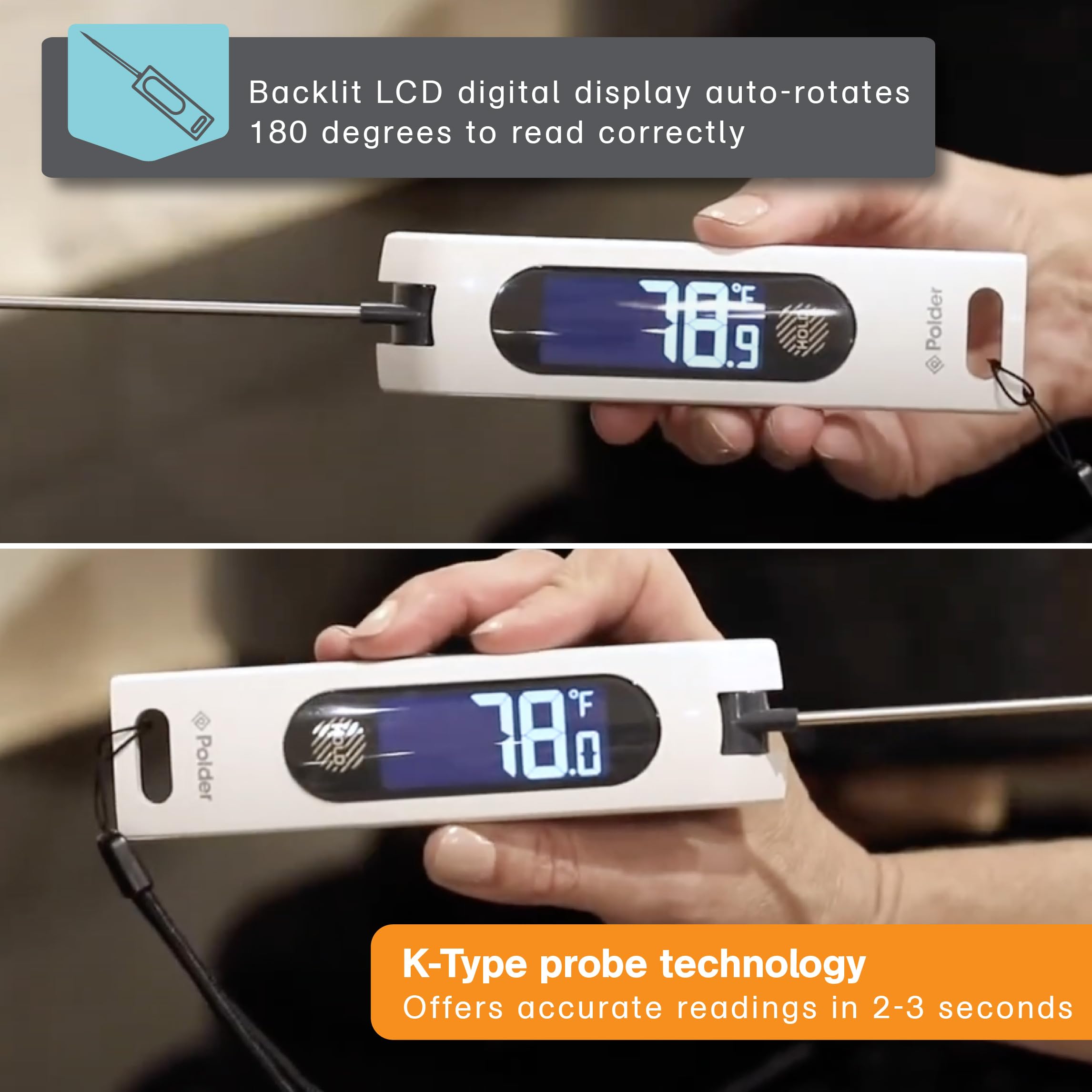 Polder Sous Chef Rapid Read Thermometer, Digital Thermometer For Cooking, Food Thermometer With Folding Probe, Intuitive Cooking