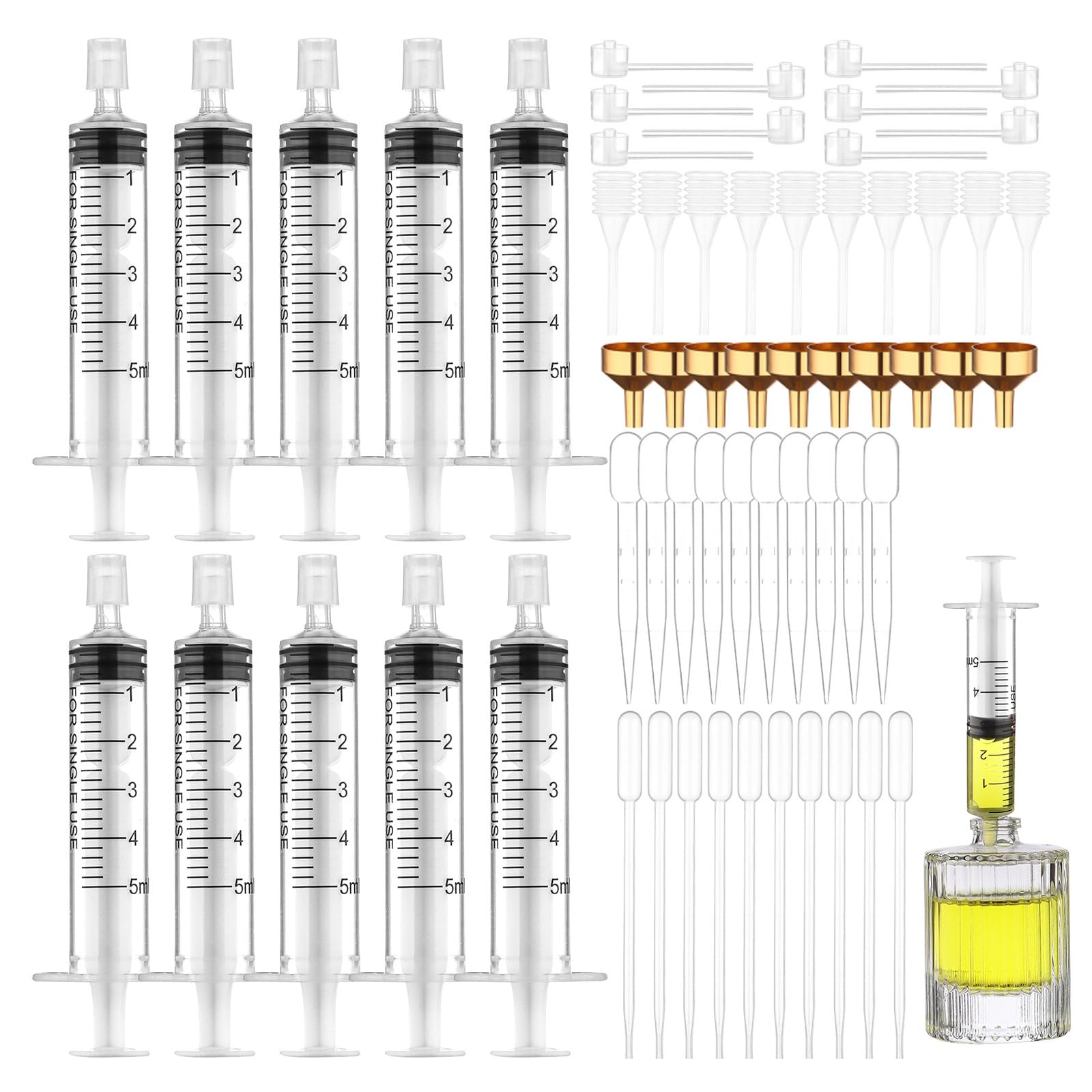 60 Pcs Perfume Refill Tool Kit Include 10 Funnels 10 Dispenser Pumps 10 Syringes 20 Droppers 10 Squeeze Droppers Plastic Perfume