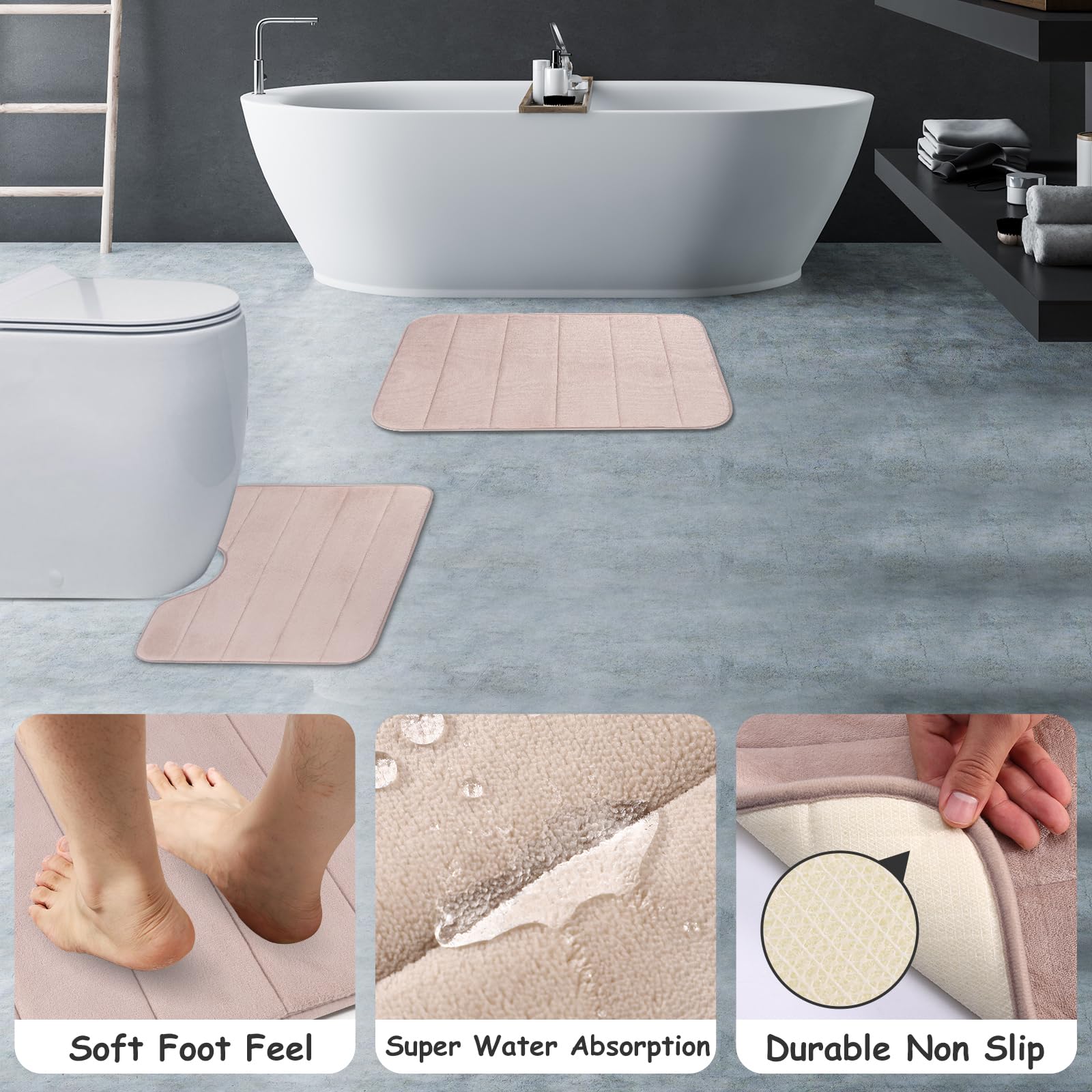 Complete Beige Bathroom Accessories Set 23Pcs - Waffle Shower Curtain With Snap-In Liner, 2Pcs Bath Rug, Trash Can, Toilet Brush