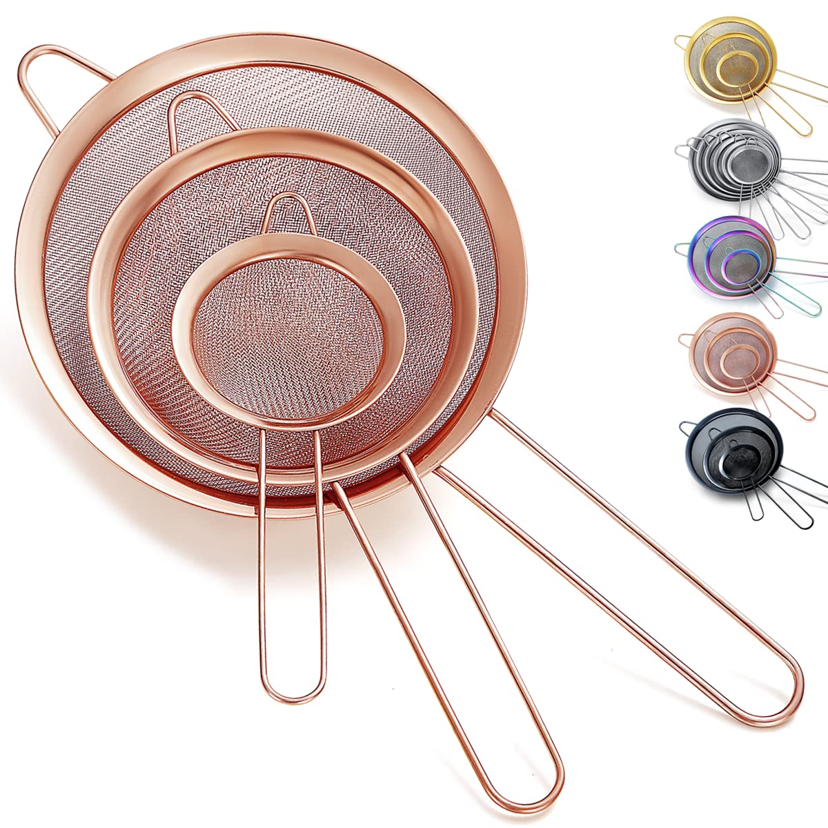 Kyraton Rose Gold Fine Mesh Strainer 3 Pieces Set, Copper Flour Sifter For Baking, Stainless Steel Clander, Matcha Tea Strainer,
