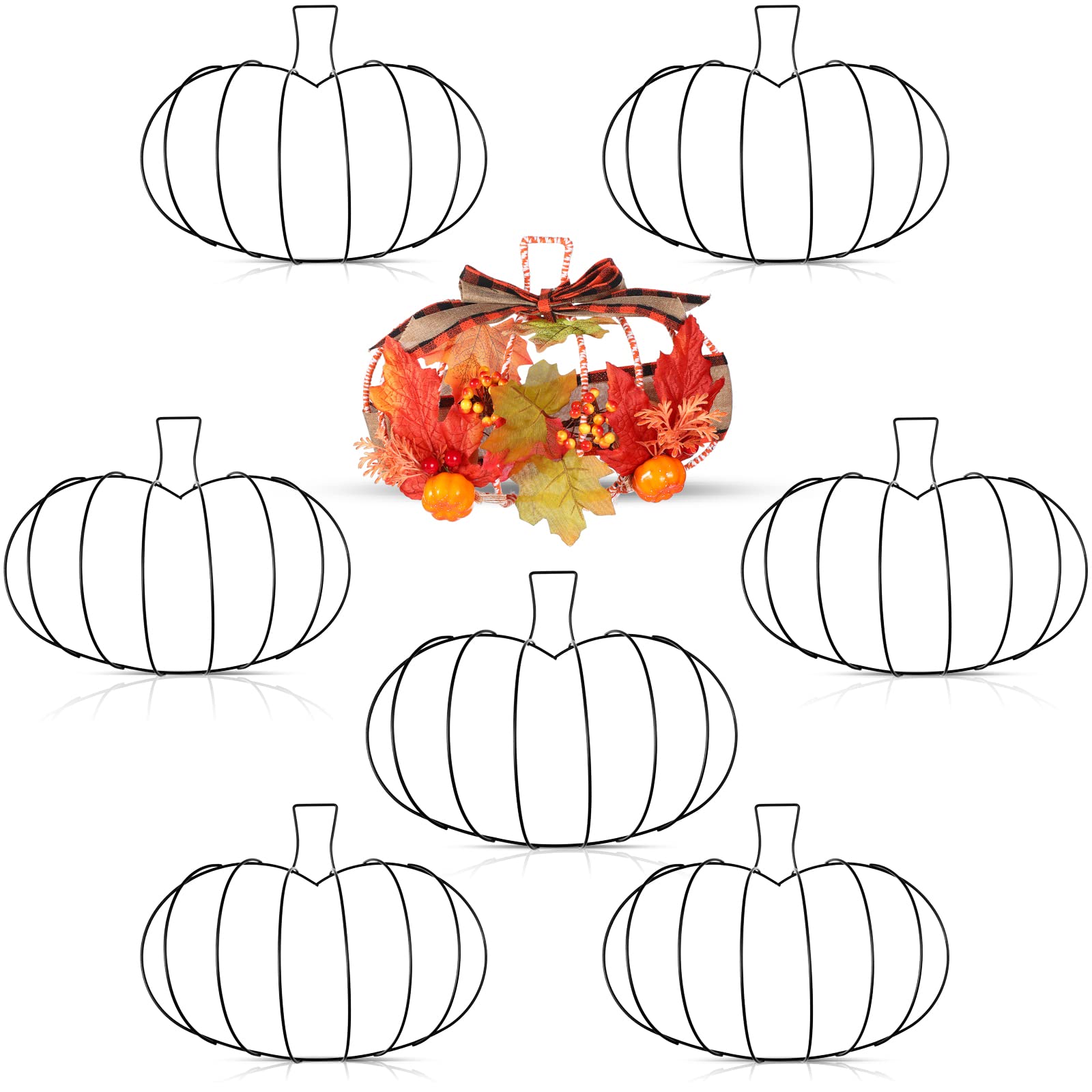 Hotop 7 Pcs 10 x 7.3 Inches Thanksgiving Pumpkin Shaped Metal Wreath Form Fall Wire Floral Frame Halloween 3D Pumpkin Wreath Ind
