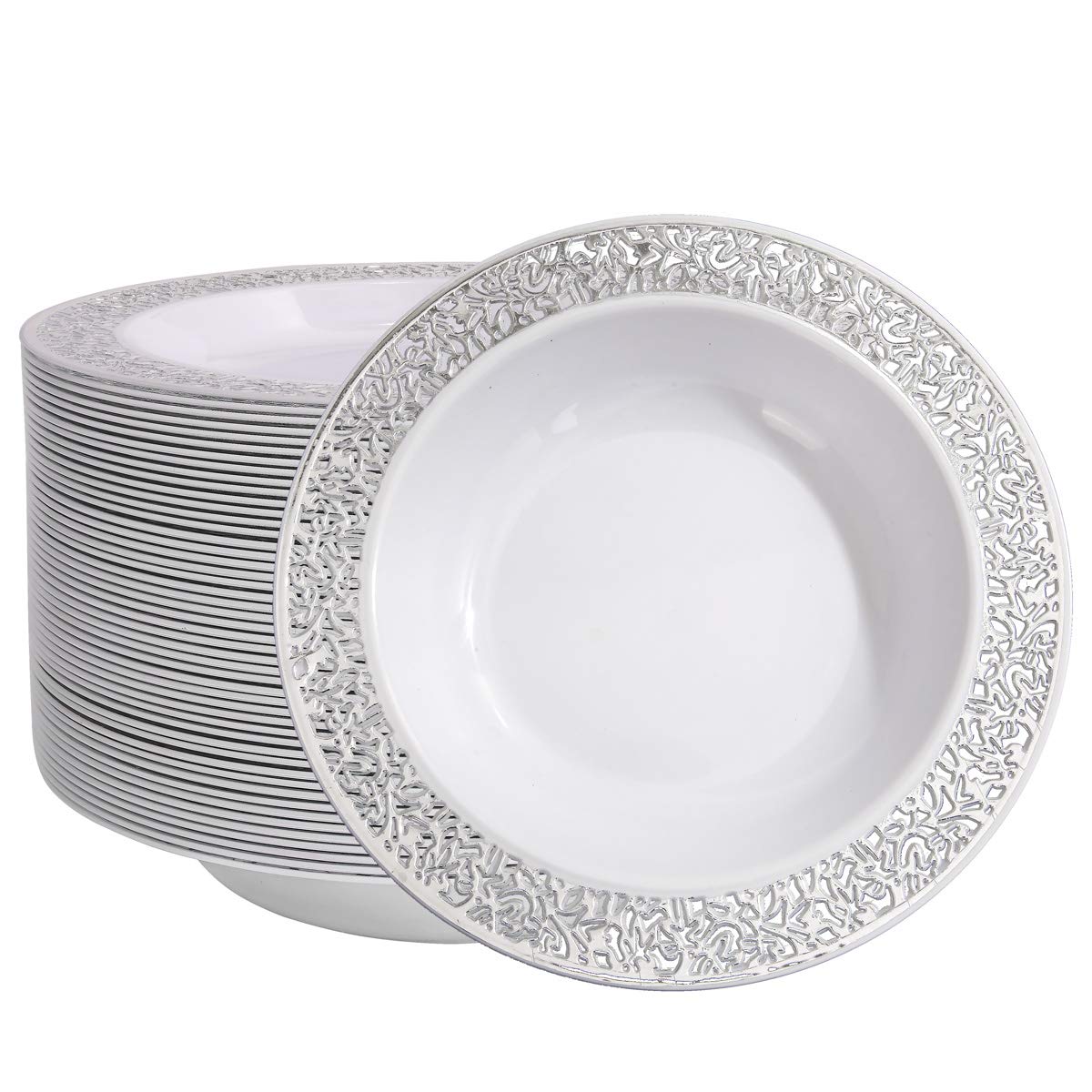 I00000 60 Plastic Soup Bowls 12 Oz, Silver Disposable Bowls, Lace Trim Dessert Salad Bowls For Wedding, Silver Bowls Plastic For