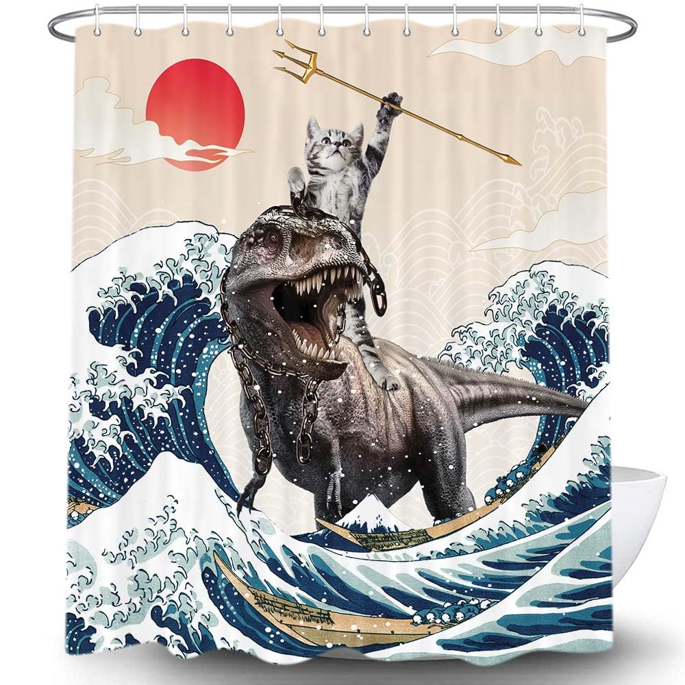 Uokiuki Funny Cat Shower Curtain, Cute Cat Riding Dinosaur Japanese Ocean Waves Shower Curtain With Hooks, Nautical Coastal Fabr