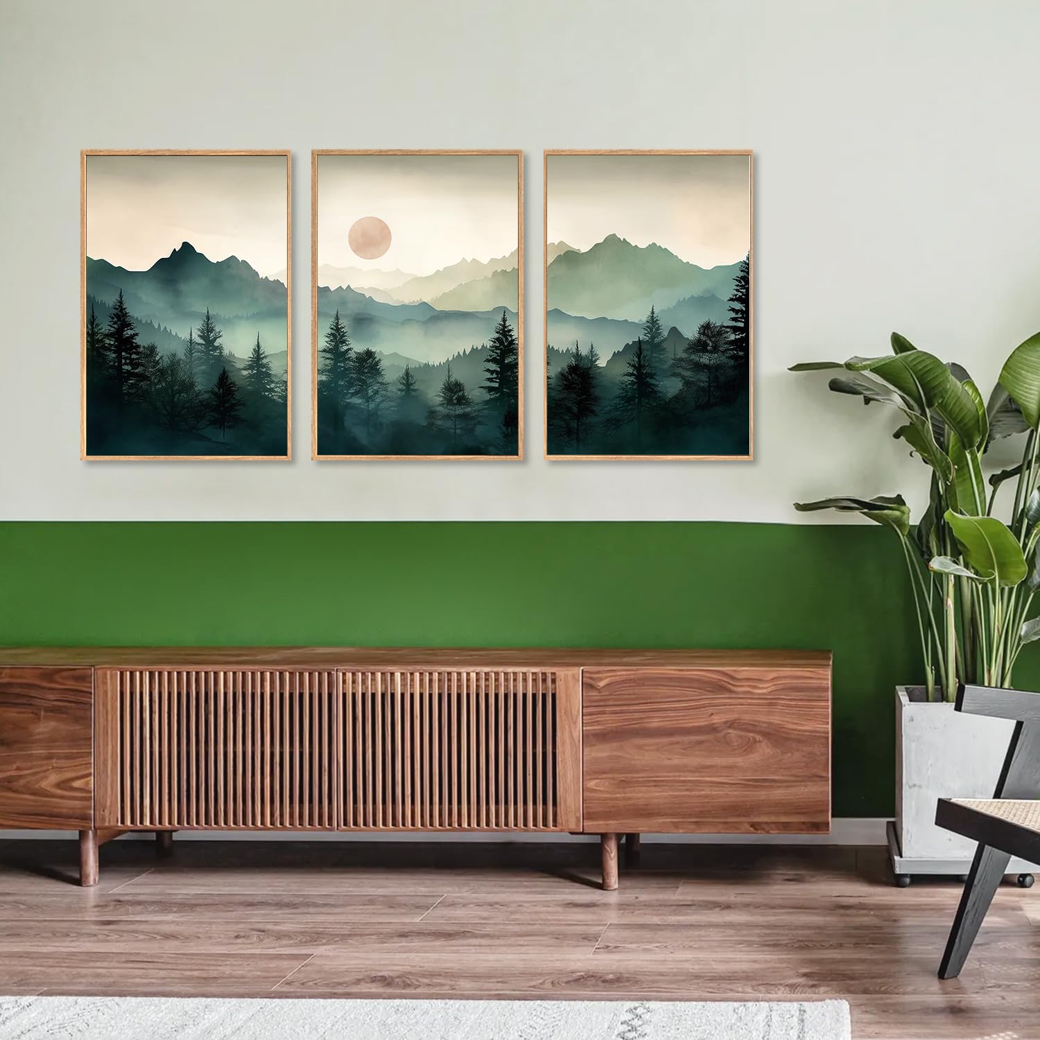 Lhiuem Large Boho Mountain Framed Wall Art Set,Watercolor Pine Tree Wall Painting,Abstract Foggy Green Forest Artwork,Modern Nat