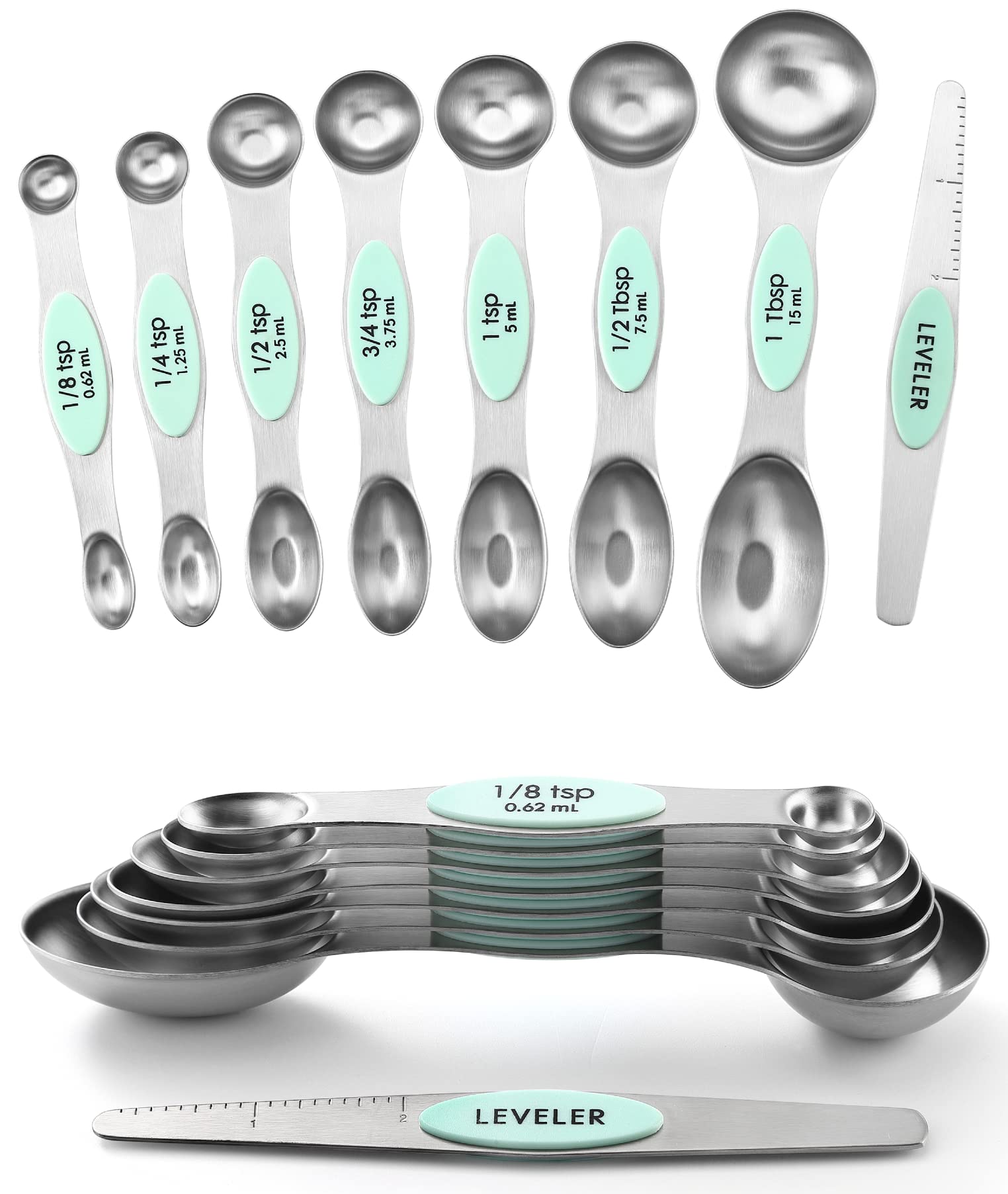 Spring Chef Stainless Steel Magnetic Measuring Spoons Set Of 8 With Leveler, Metal Teaspoon & Tablespoon Measuring Spoons, Fits