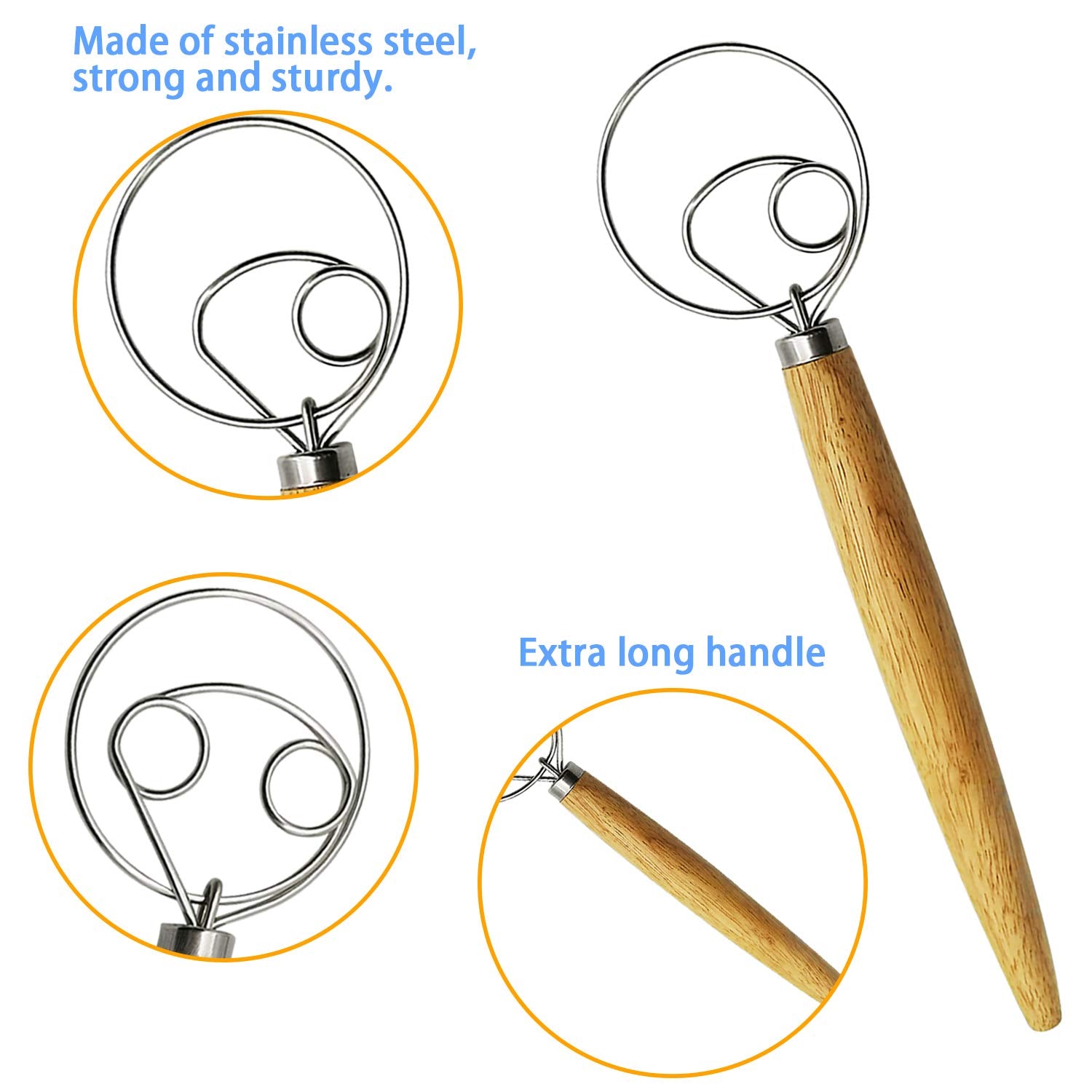 Listenman Danish Dough Whisk Bread Mixer&Egg Whisk Kits, 2 Pack Premium Stainless Steel Dutch Whisk & 1 Pack Hand Push Rotary Wh