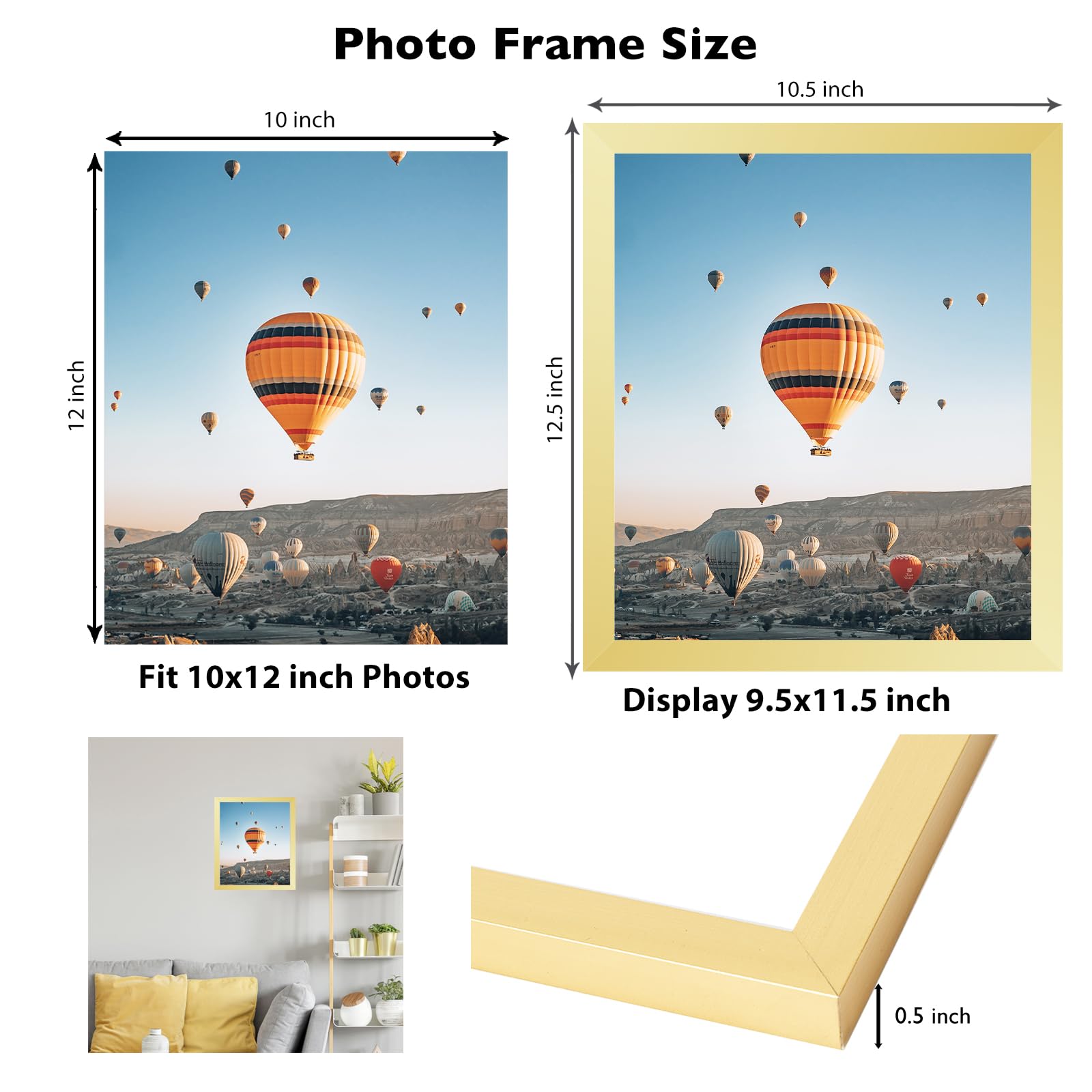 JCJMY 10x12 Picture Frame Gold for Wall Hanging, Wall Mounting Horizontally or Vertically, 10 x 12 Wall Gallery Poster Photo Fra