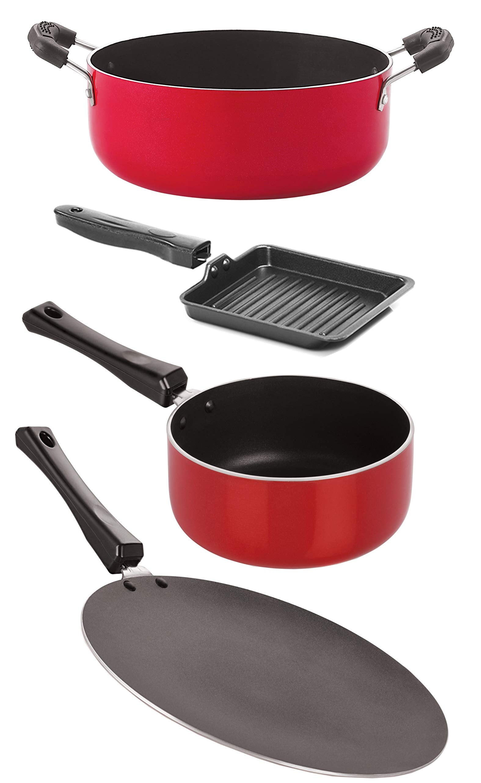 Nirlon NonStick Aluminium Pfoa Free NonToxic Durable Kitchenware 4 Pieces Set (1 Concave Tawa 27.5Cm /1 Sauce Pan (M)1.2 Ltr/1