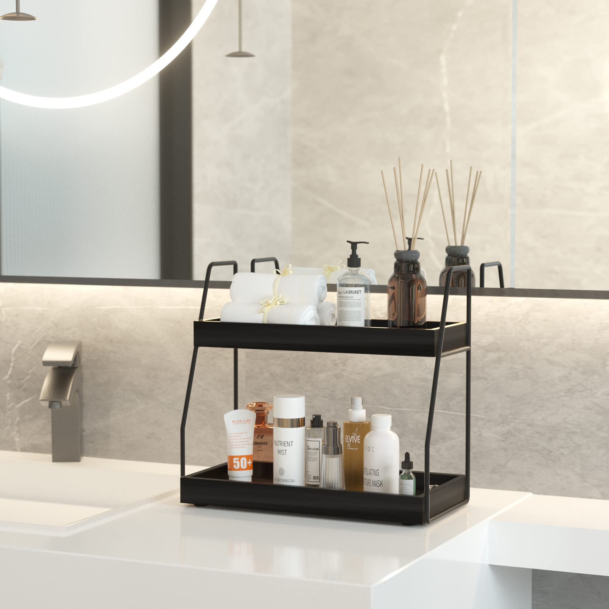 Zgo 2-Tier Bathroom Counter Organizer, Wood Bathroom Organizer Countertop Vanity Organizer Bathroom Tray, Kitchen Spice Rack Cou