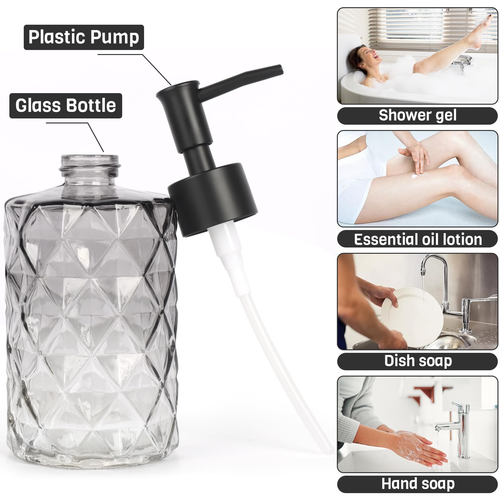 Ulable Glass Soap Dispenser With Plastic Pump, 2 Pack 12Oz Gradient Diamond Design Black Soap Dispenser, Bathroom Soap Dispenser