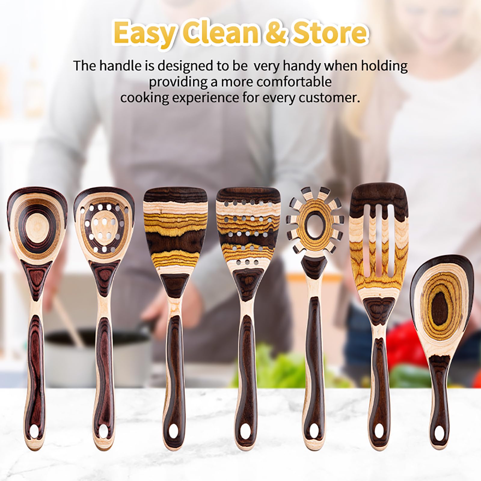 Gudamaye 7-Piece Brown Pakkawood Utensils Set - Sturdy, Eco-Friendly, Wooden Spoons For Cooking, Wooden Utensil For Cooking, Woo