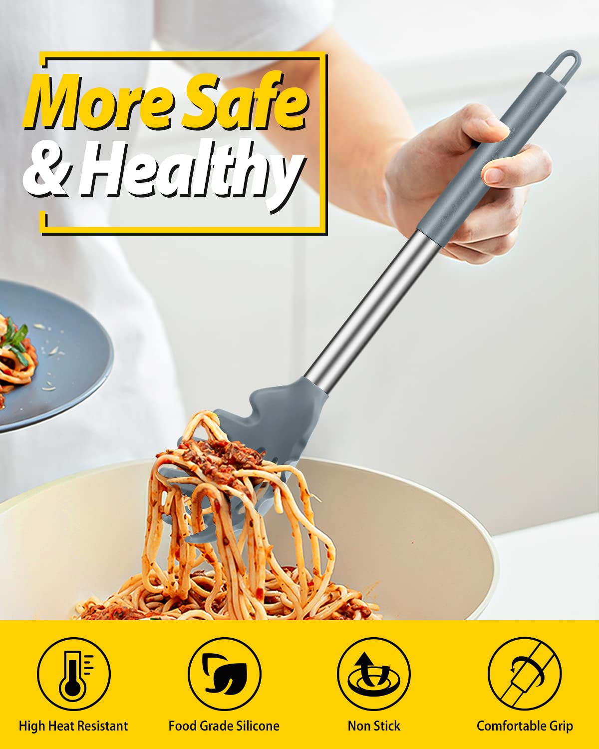 Pack Of 2 Silicone Pasta Fork, Kitchen Heat Resistant Noodle Spoon Server, Bpa Free Spaghetti Strainer, Best Cooking Tools (Gray