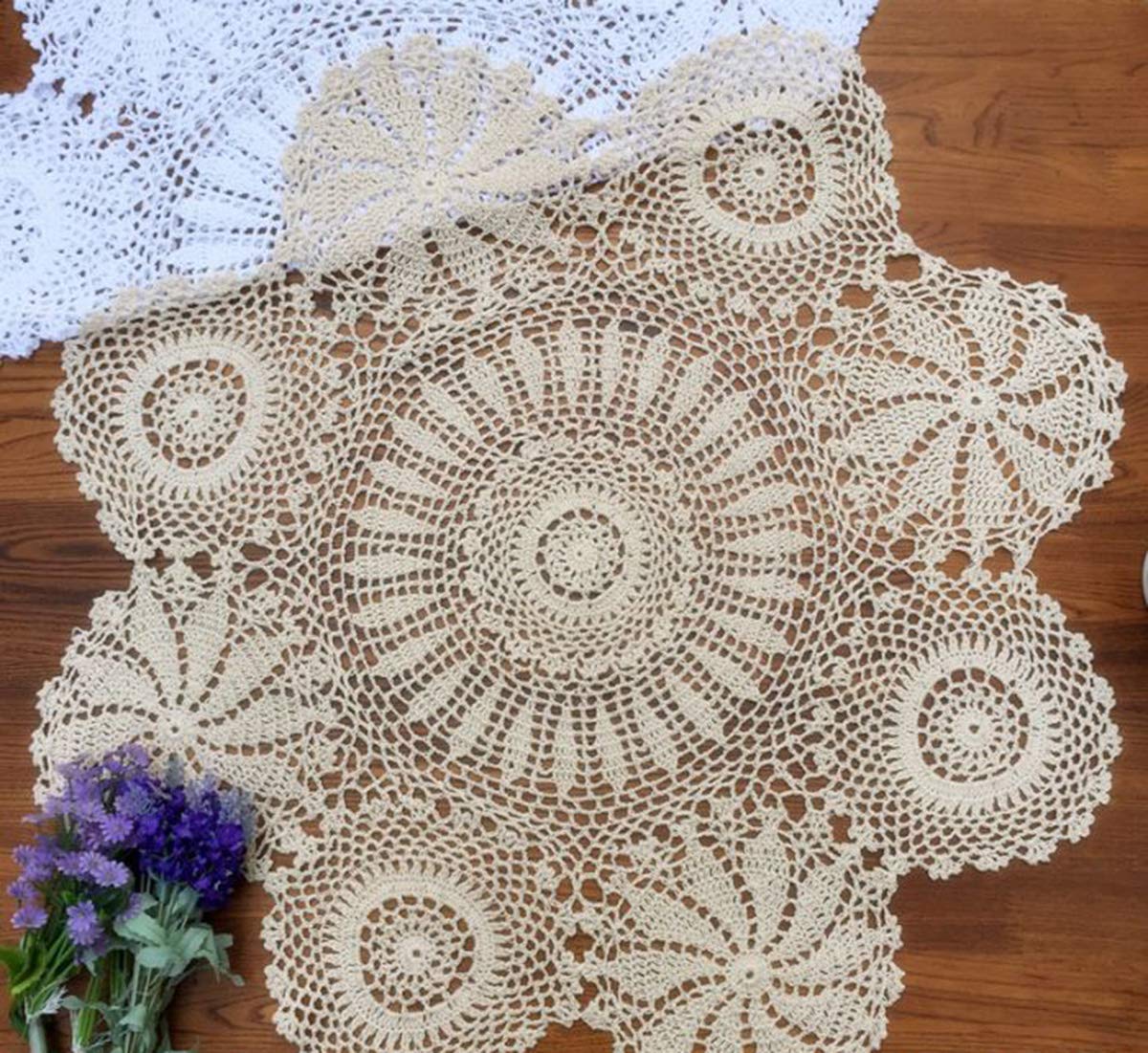 Hetao 100% Cotton Handmade Crochet Round Tablecloth Doilies Lace Table Covers,Beige, 27 Inch