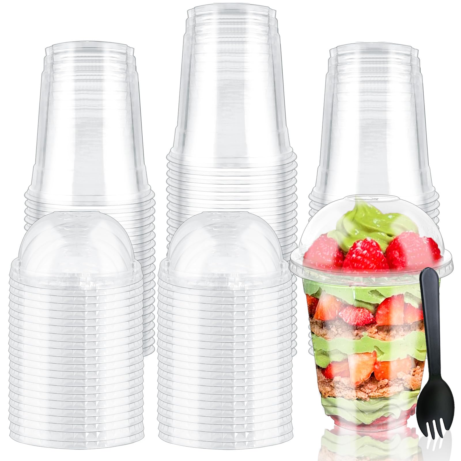 Szsrcywd 100pcs 12 Oz Plastic Cups with Dome Lids and Sporks,Clear Disposable Dessert Containers for Ice Cream,Fruit,Parfait,Pud