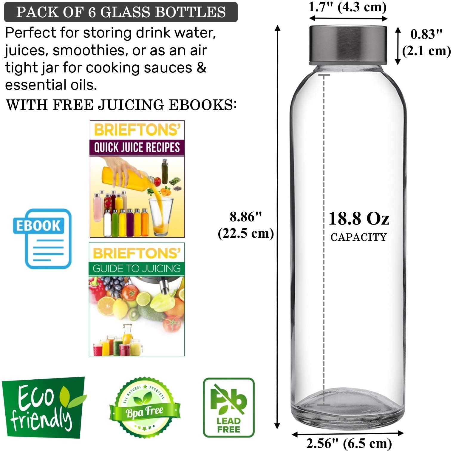 Brieftons Borosilicate Glass Water Bottles With Caps: Clear, 6 Pack, 18 Oz, Heat Resistant, Slim, Easy To Store, Leakproof Lids,
