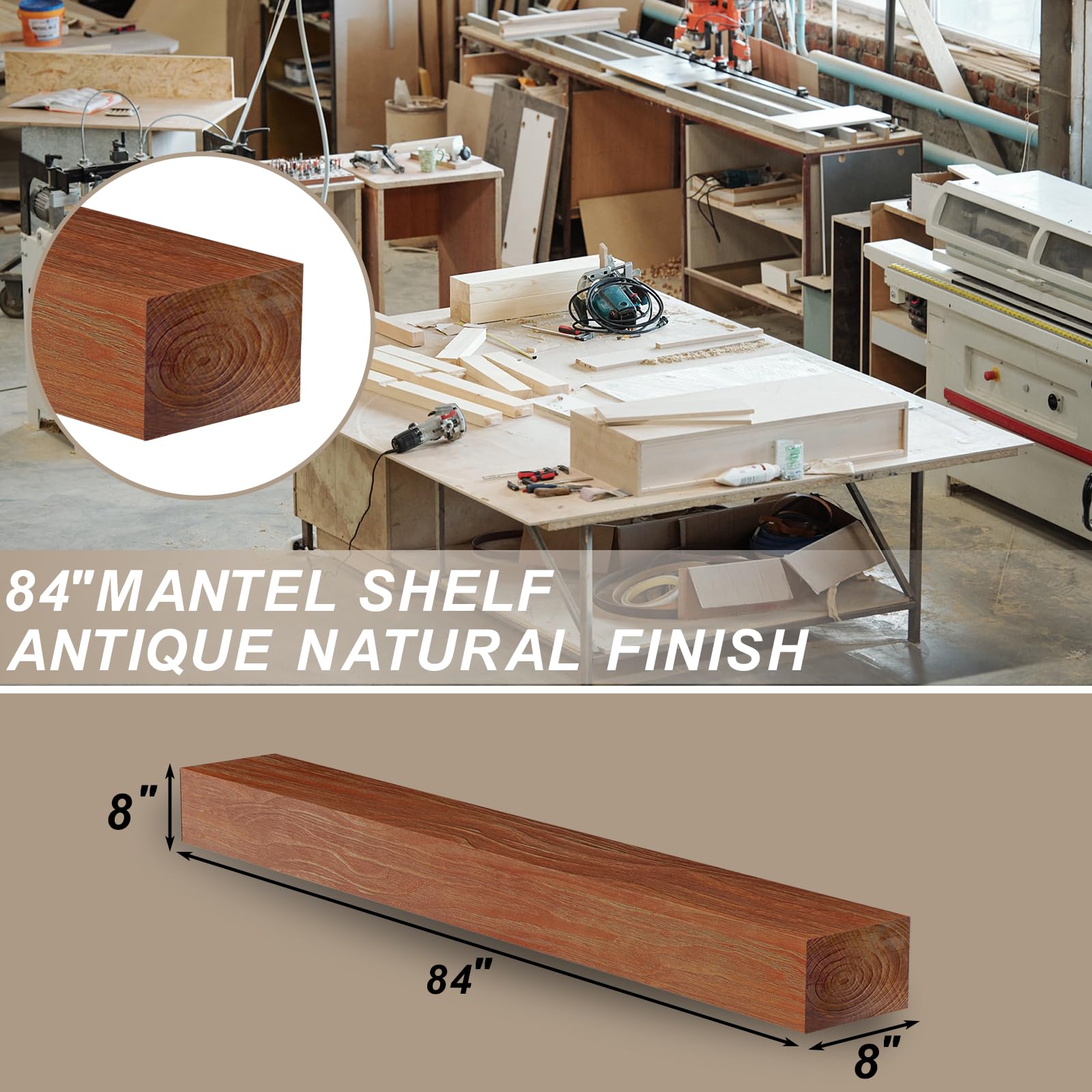 Roomtec Fireplace Mantel,84'' Wood Floating Fireplace Shelves,Wall Mounted Wooden Display Shelving,Handcrafted Wood Brack,Natura