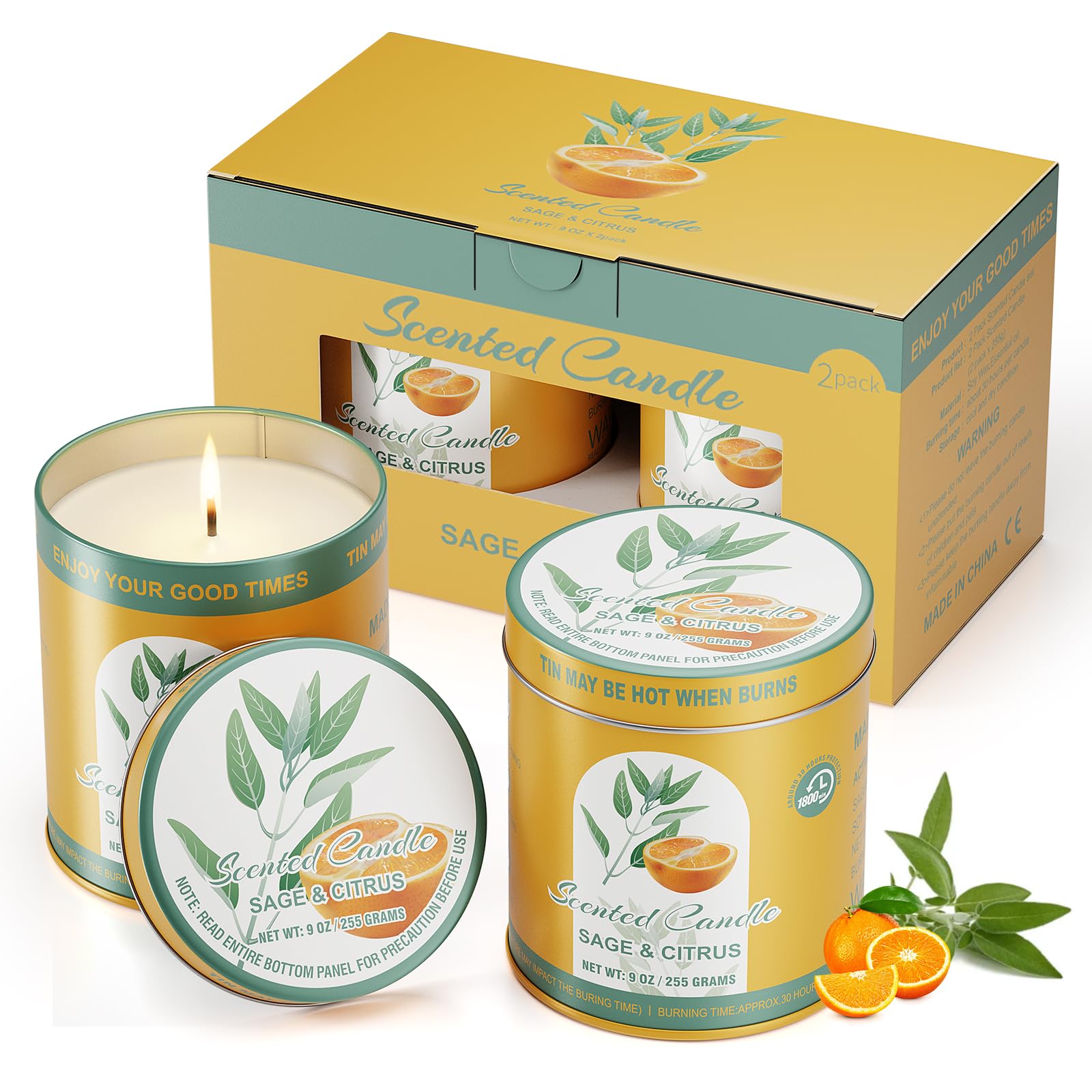2 Pack Scented Candles (90 Total Burn Hours) - Soy Wax Candles 9 oz Each in Tin - Long Lasting Aromatherapy Candle Gift Set (Sag