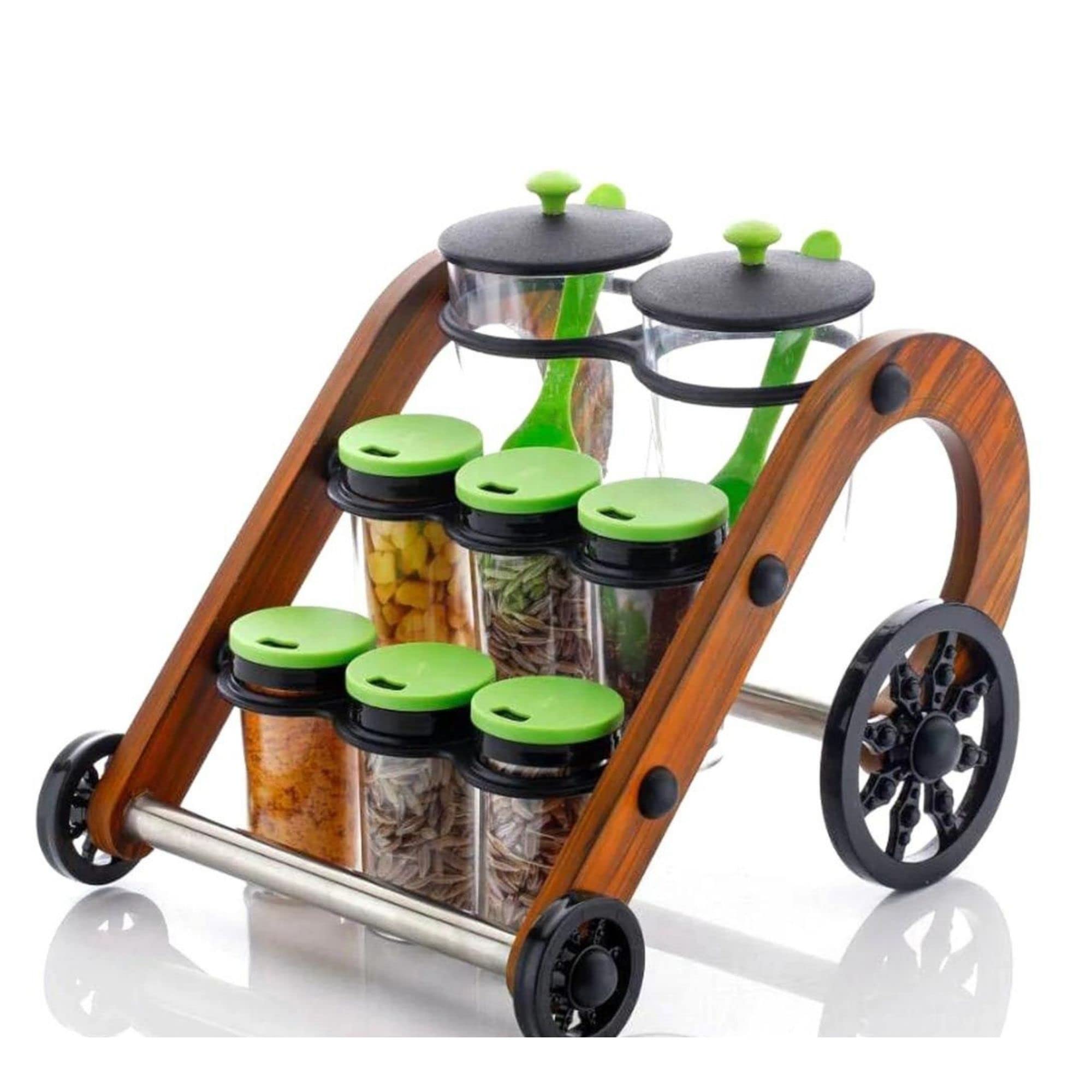 Mabron Rajwadi Style Wooden Cycle Plastic Spice Rack Jar With Slider Stand For Chutney, Mukhwas, Masala, Dining Spice Stand  8 
