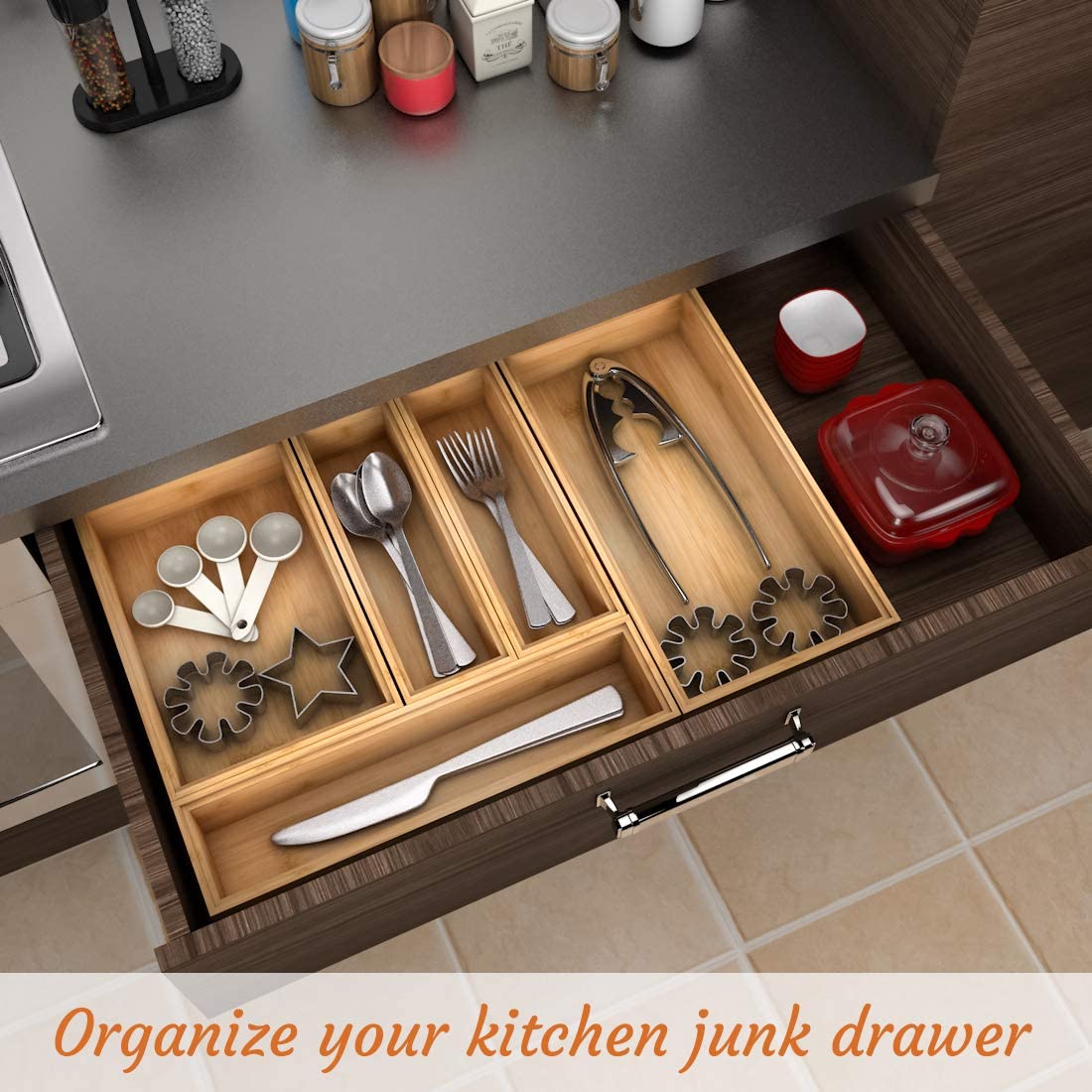 Utensil Organizer Silverware Drawer Organizer - Stackable Bamboo Flatware Caddy Cutlery Holder, Wooden Storage Boxes Tray For Be
