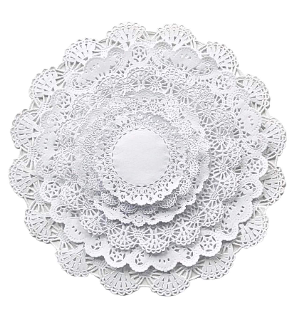 The Baker Celebrations White Round paper Lace Table Doilies 4 5 6 8 10 and 12 inches Assorted Sizes (Variety pack of 120-20 of e
