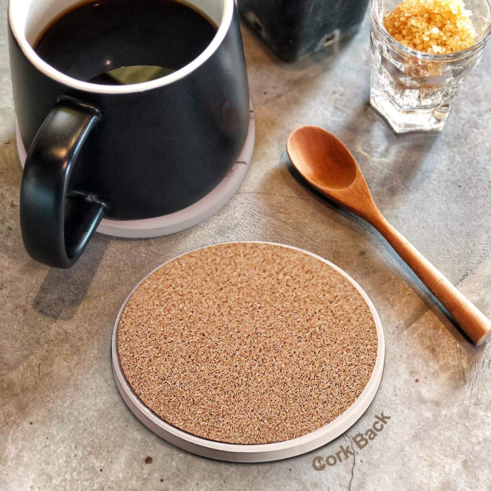 Coasters for Drinks  Absorbent Ceramic Stone Coasters Set with Metal Holder Stand  Cork Base  Marble Surface Pattern  Cups Place Mats for Home Decor  Set of 6 - White