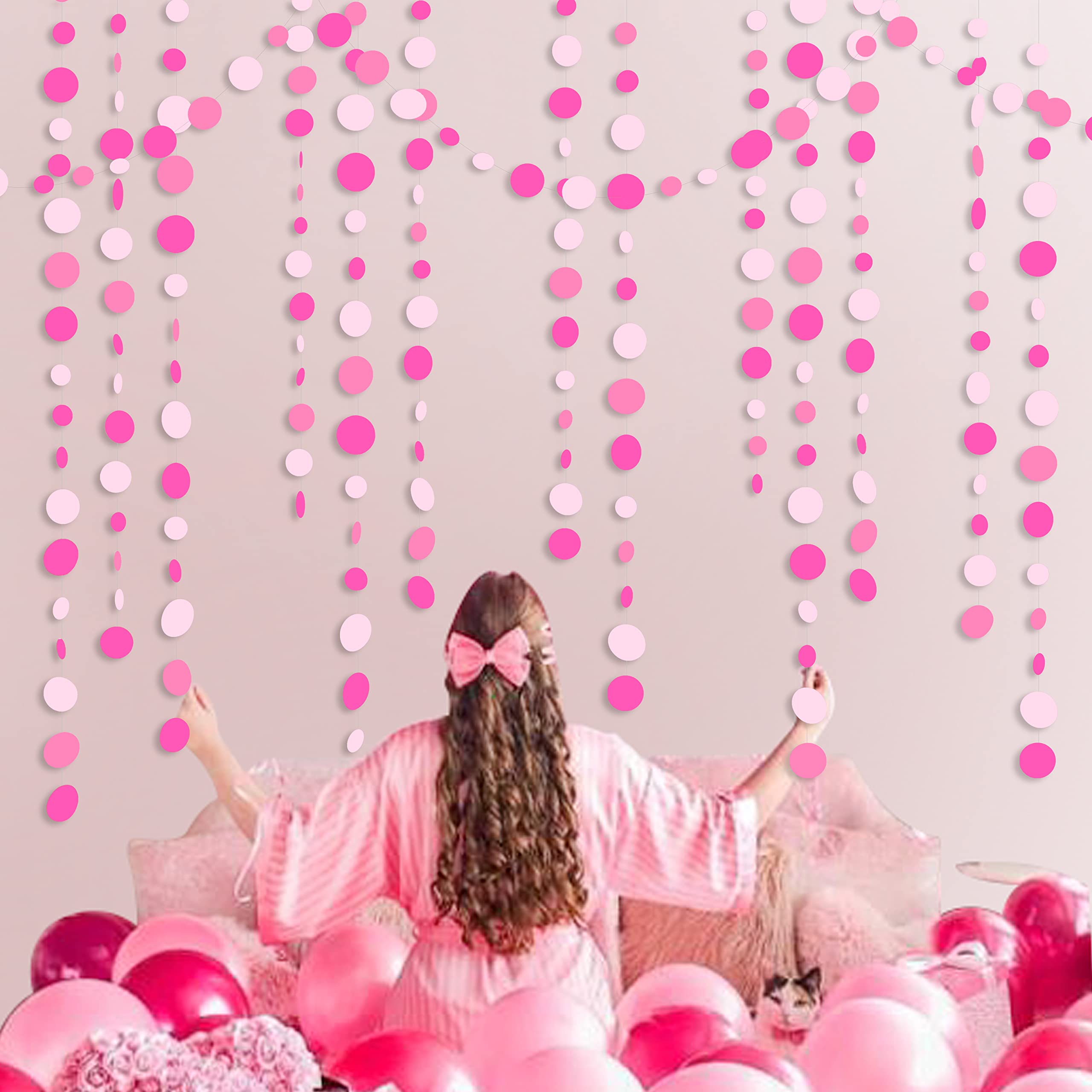 Hot Pink Party Decorations Circle Dots Garland Rose Pink White Hanging Paper Polka Dots Streamer For Birthday Bachelorette Engag